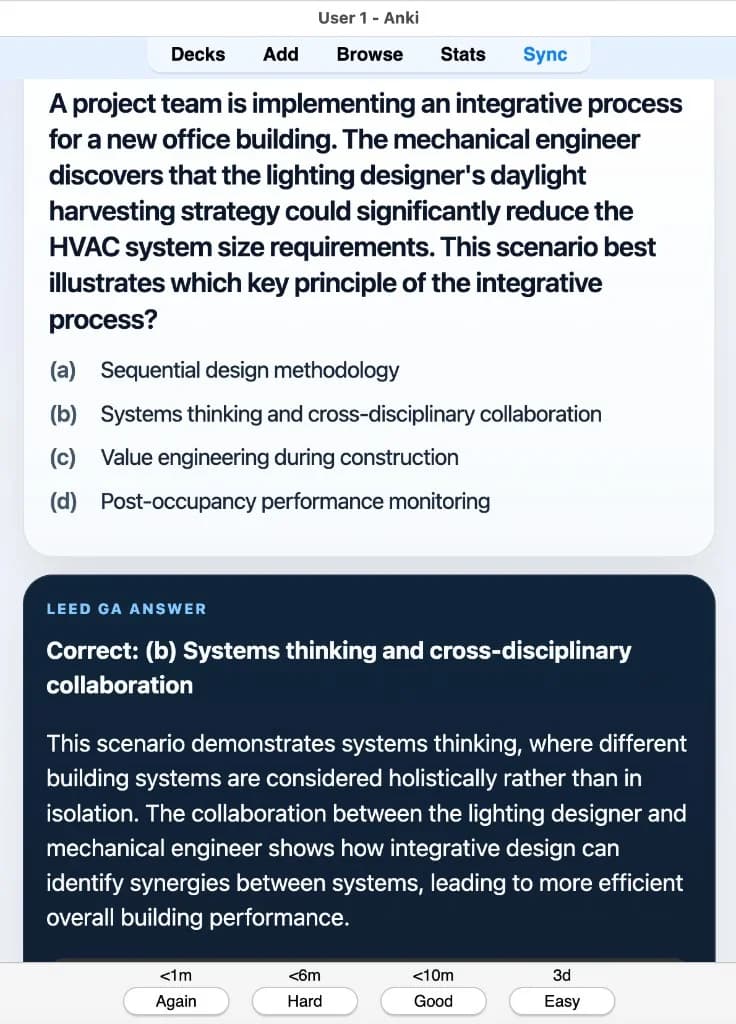 Sample Anki card: A mechanical engineer finds that daylight harvesting could reduce HVAC size requirements. This best illustrates which integrative process principle?