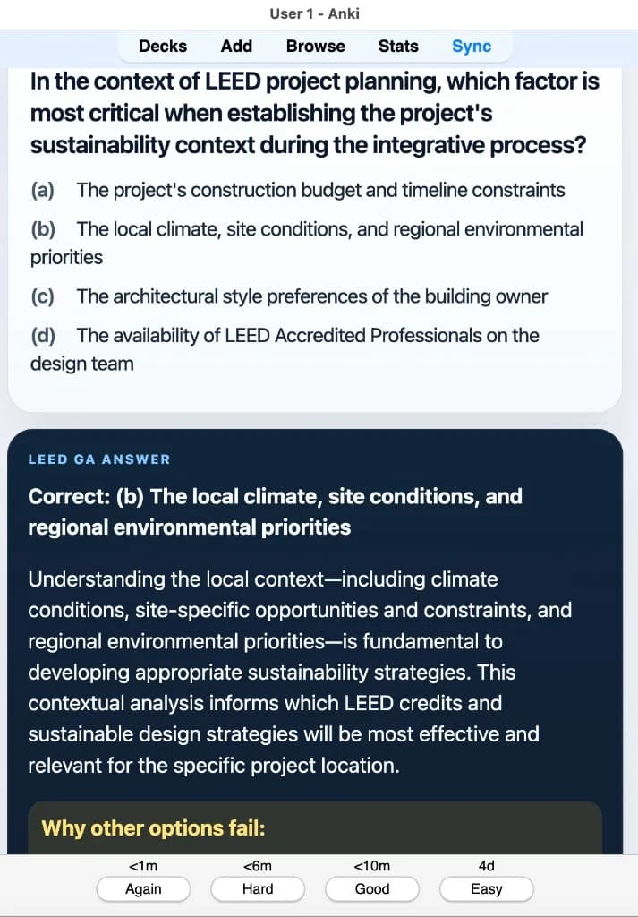 Sample Anki card: When establishing sustainability context during integrative process planning, which factor is most critical?