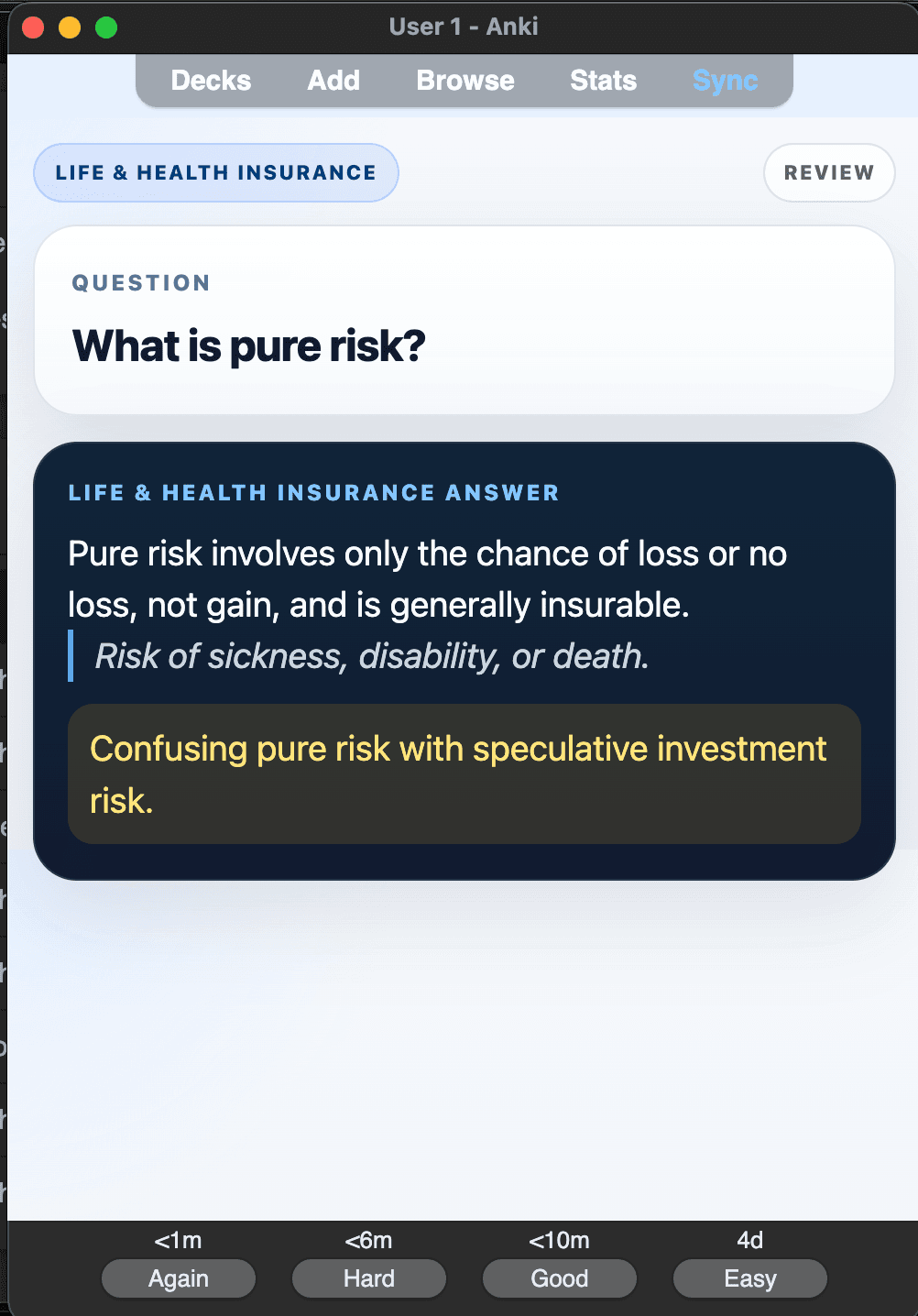 Sample Anki card: What is pure risk?