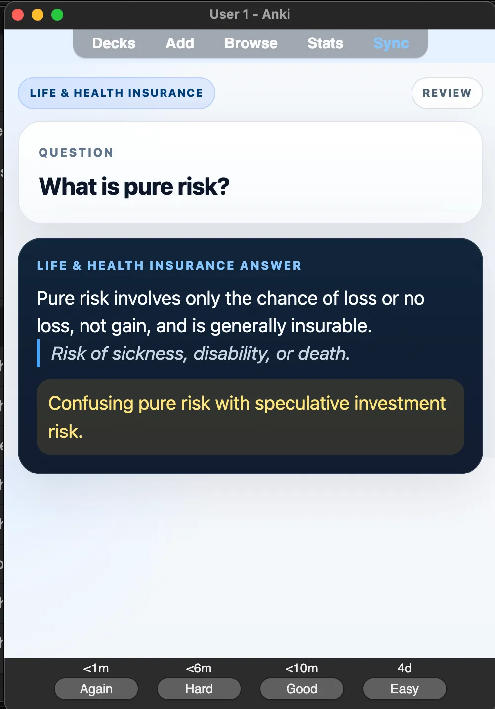 Sample Anki card: What is pure risk?