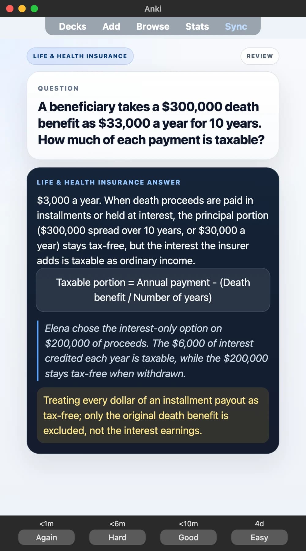 Sample Anki card: A beneficiary takes a $300,000 death benefit as $33,000 a year for 10 years. How much of each payment is taxable?