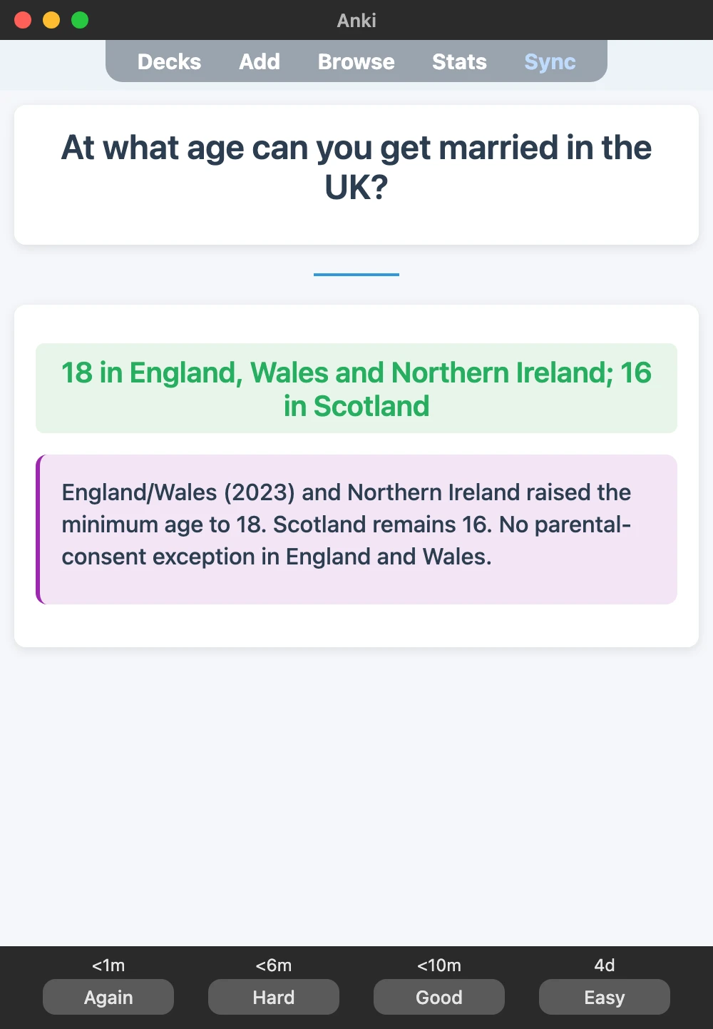 Sample Anki card: At what age can you get married in the UK?