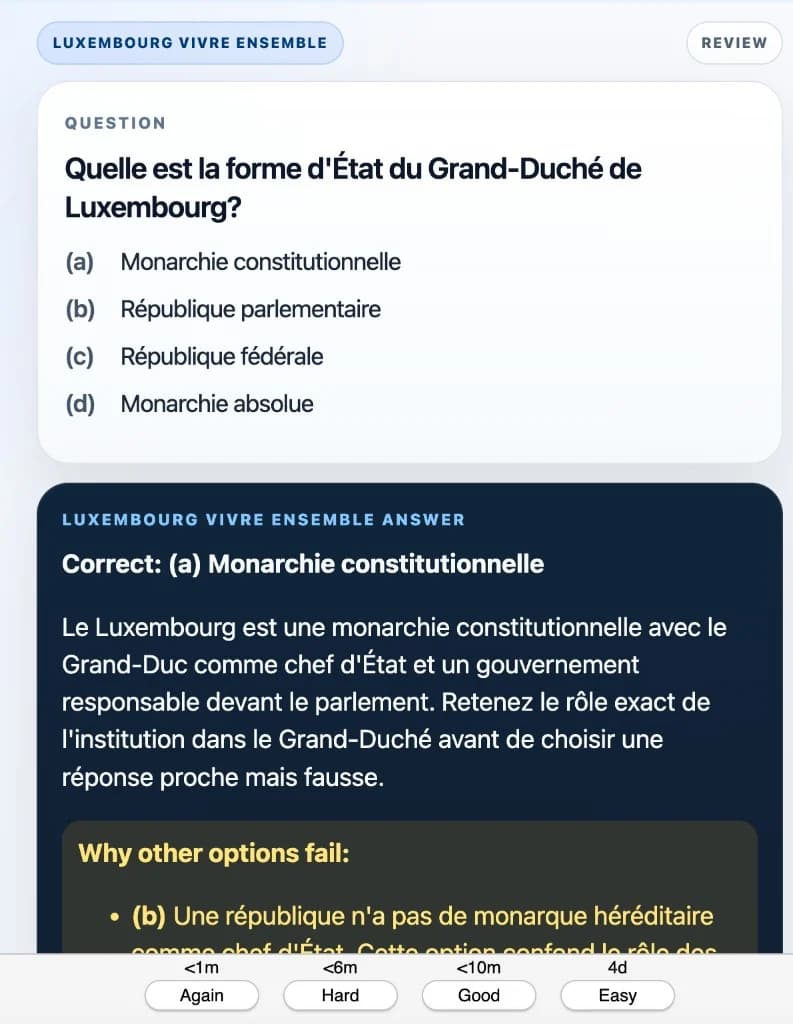 Sample Anki card: Quelle est la forme d'État du Grand-Duché de Luxembourg?