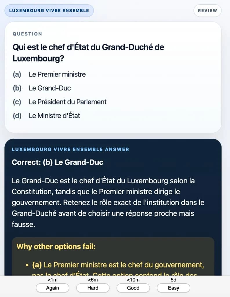 Sample Anki card: Qui est le chef d'État du Grand-Duché de Luxembourg?