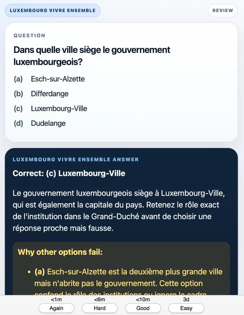 Sample Anki card: Dans quelle ville siège le gouvernement luxembourgeois?