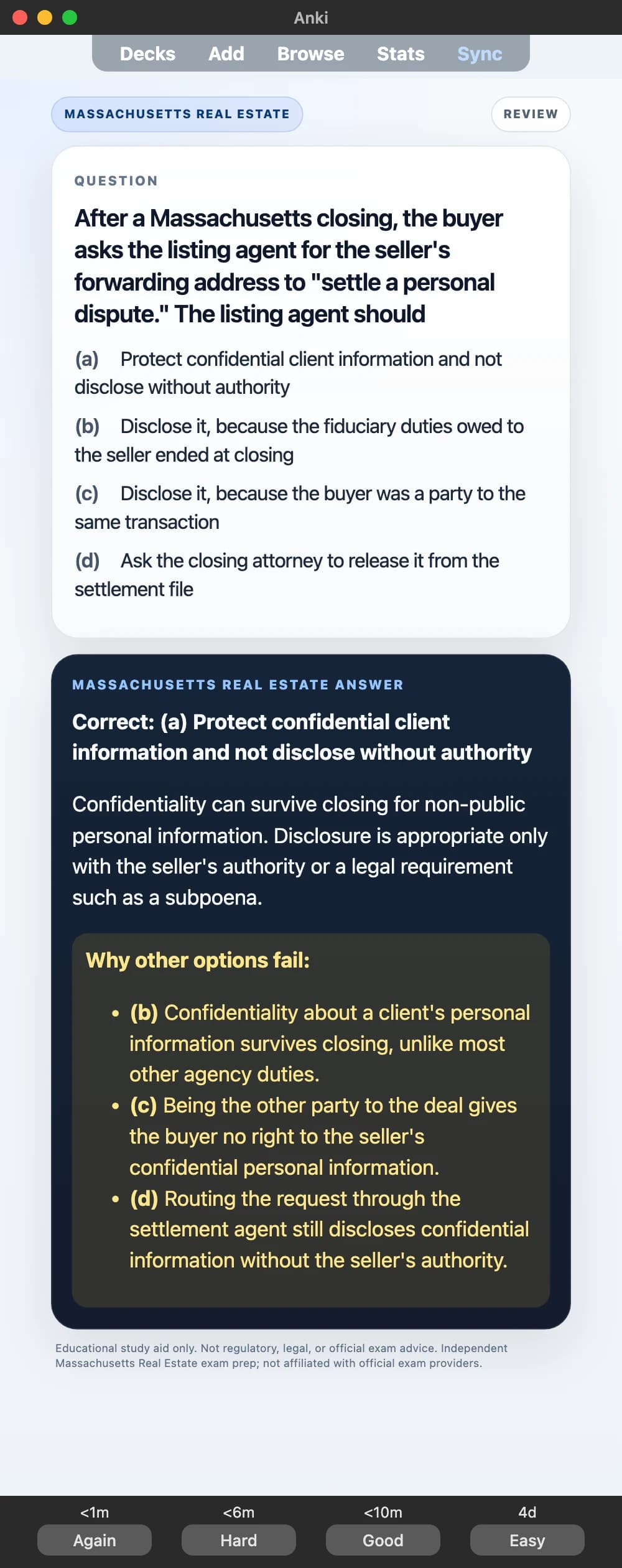 Sample Anki card: After a Massachusetts closing, the buyer asks the listing agent for the seller's forwarding address to "settle a personal dispute." The listing agent should