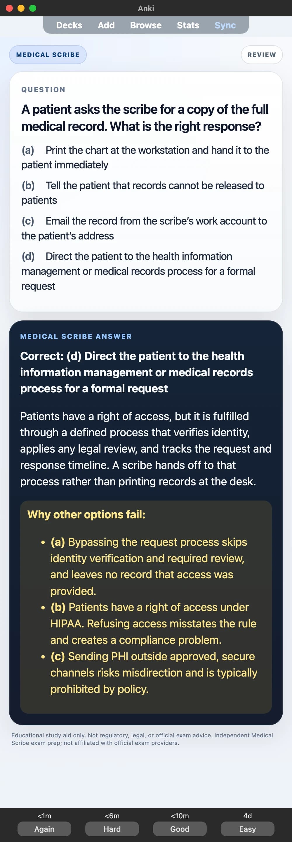 Sample Anki card: A patient asks the scribe for a copy of the full medical record. What is the right response?