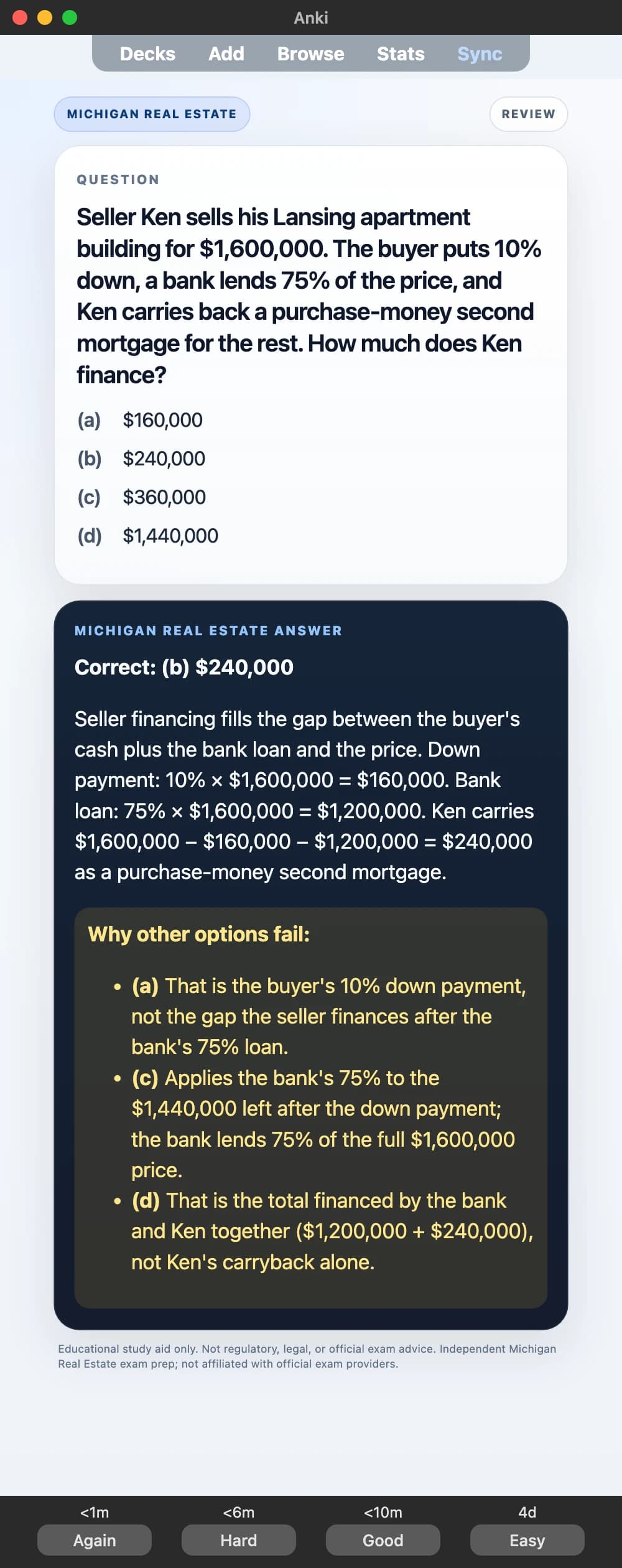 Sample Anki card: Seller Ken sells his Lansing apartment building for $1,600,000. The buyer puts 10% down, a bank lends 75% of the price, and Ken carries back a purchase-money second mortgage for the rest. How much does Ken finance?