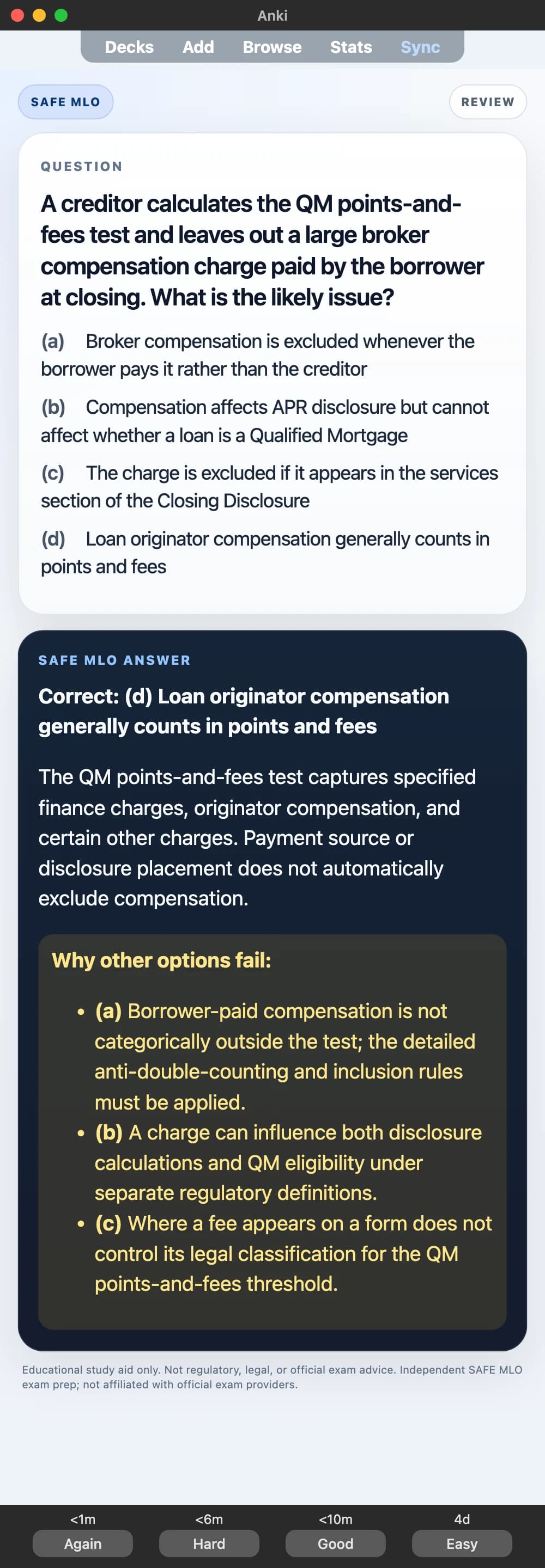 Sample Anki card: A creditor calculates the QM points-and-fees test and leaves out a large broker compensation charge paid by the borrower at closing. What is the likely issue?