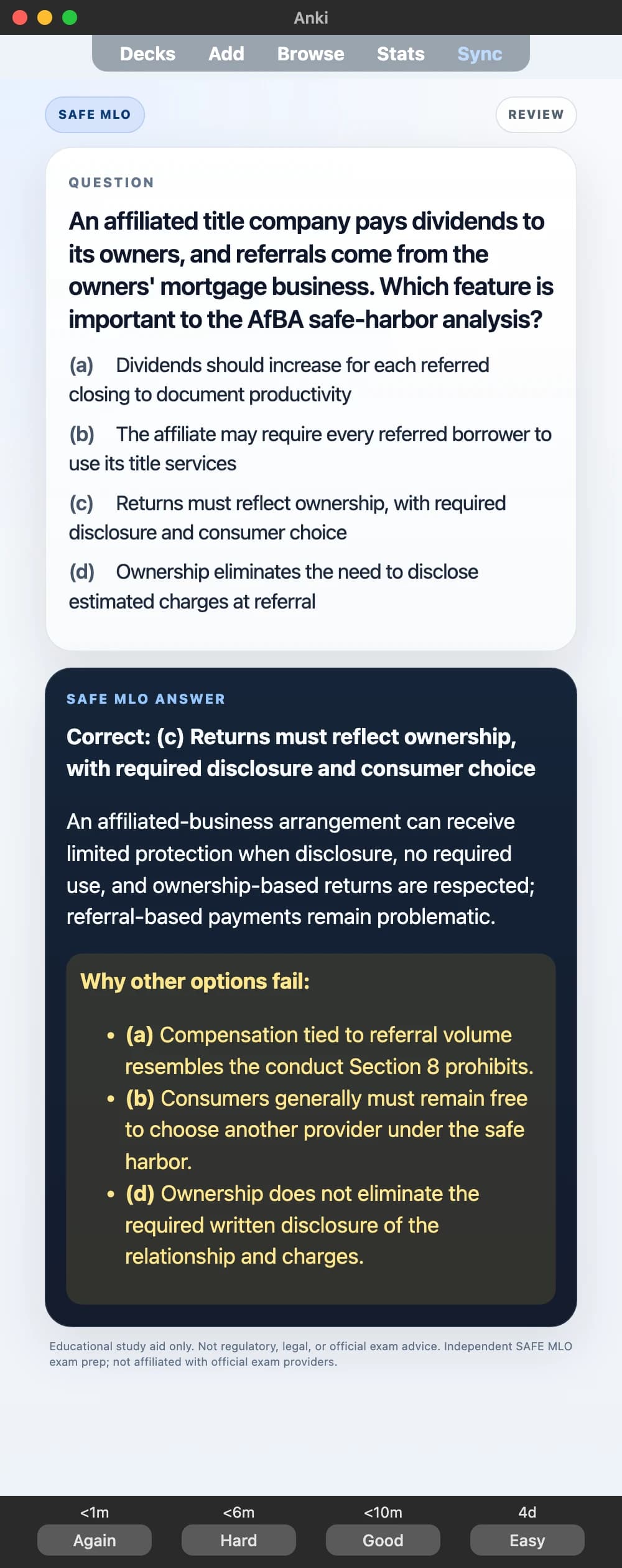 Sample Anki card: An affiliated title company pays dividends to its owners, and referrals come from the owners' mortgage business. Which feature is important to the AfBA safe-harbor analysis?