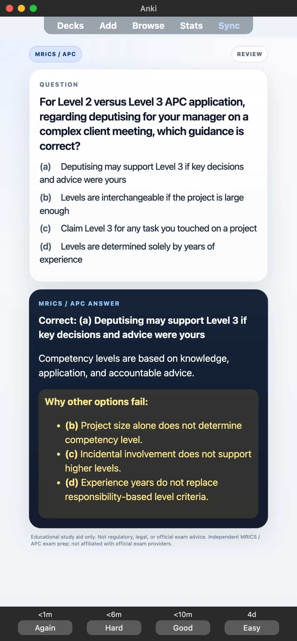 Sample Anki card: For Level 2 versus Level 3 APC application, regarding deputising for your manager on a complex client meeting, which guidance is correct?