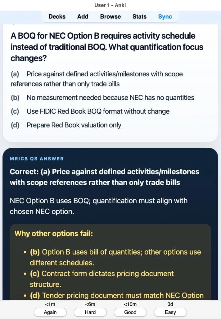 Sample Anki card: A BOQ for NEC Option B requires activity schedule instead of traditional BOQ. What quantification focus changes?