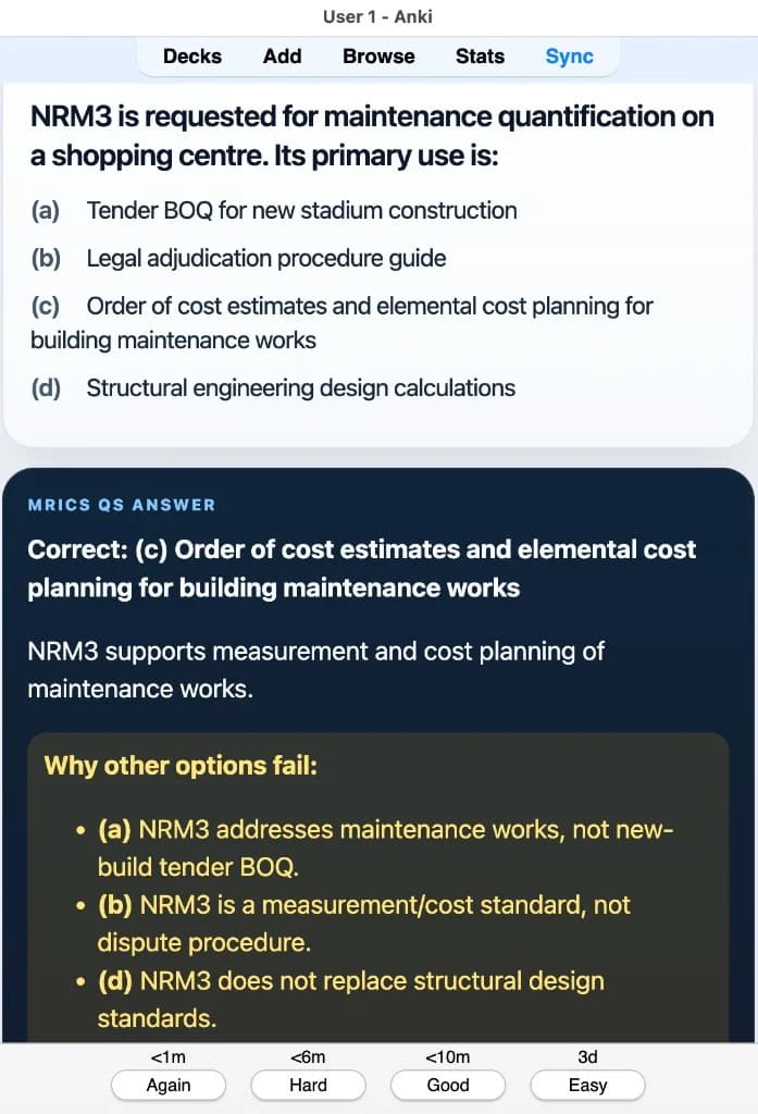 Sample Anki card: NRM3 is requested for maintenance quantification on a shopping centre. Its primary use is: