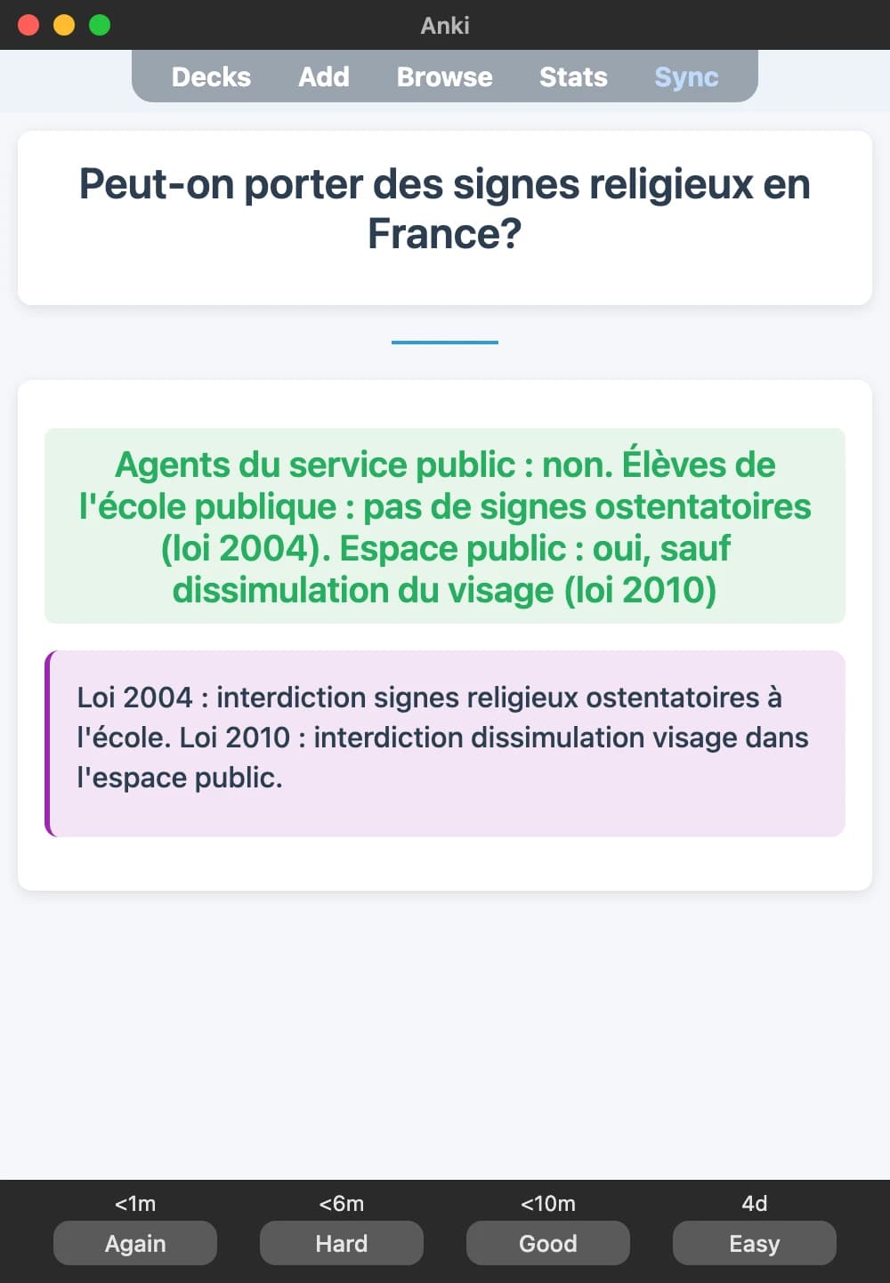 Sample Anki card: Peut-on porter des signes religieux en France?
