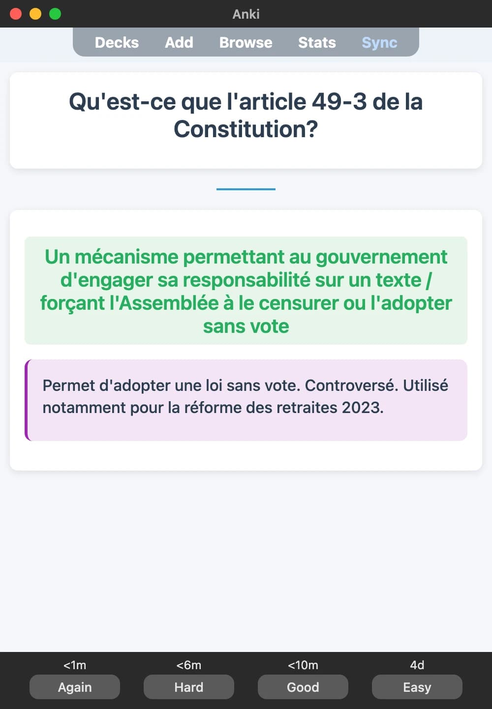 Sample Anki card: Qu'est-ce que l'article 49-3 de la Constitution?