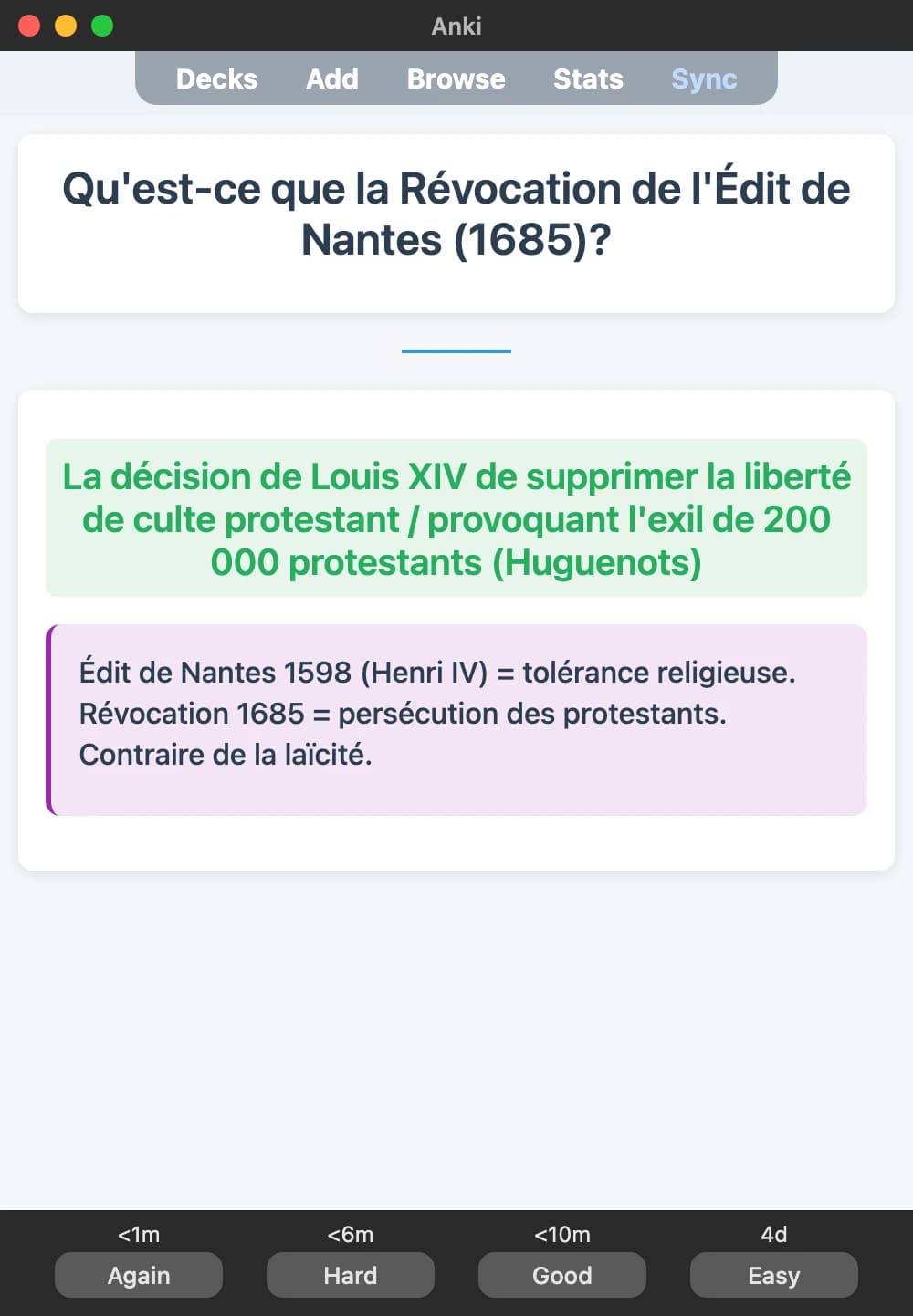 Sample Anki card: Qu'est-ce que la Révocation de l'Édit de Nantes (1685)?