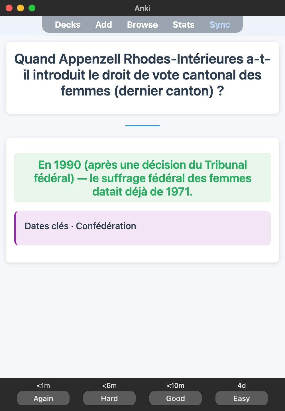 Sample Anki card: Quand Appenzell Rhodes-Intérieures a-t-il introduit le droit de vote cantonal des femmes (dernier canton) ?