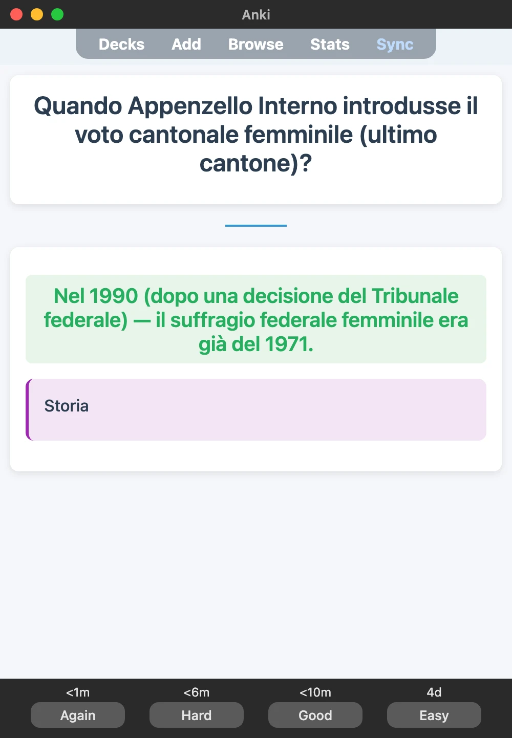 Sample Anki card: Quando Appenzello Interno introdusse il voto cantonale femminile (ultimo cantone)?