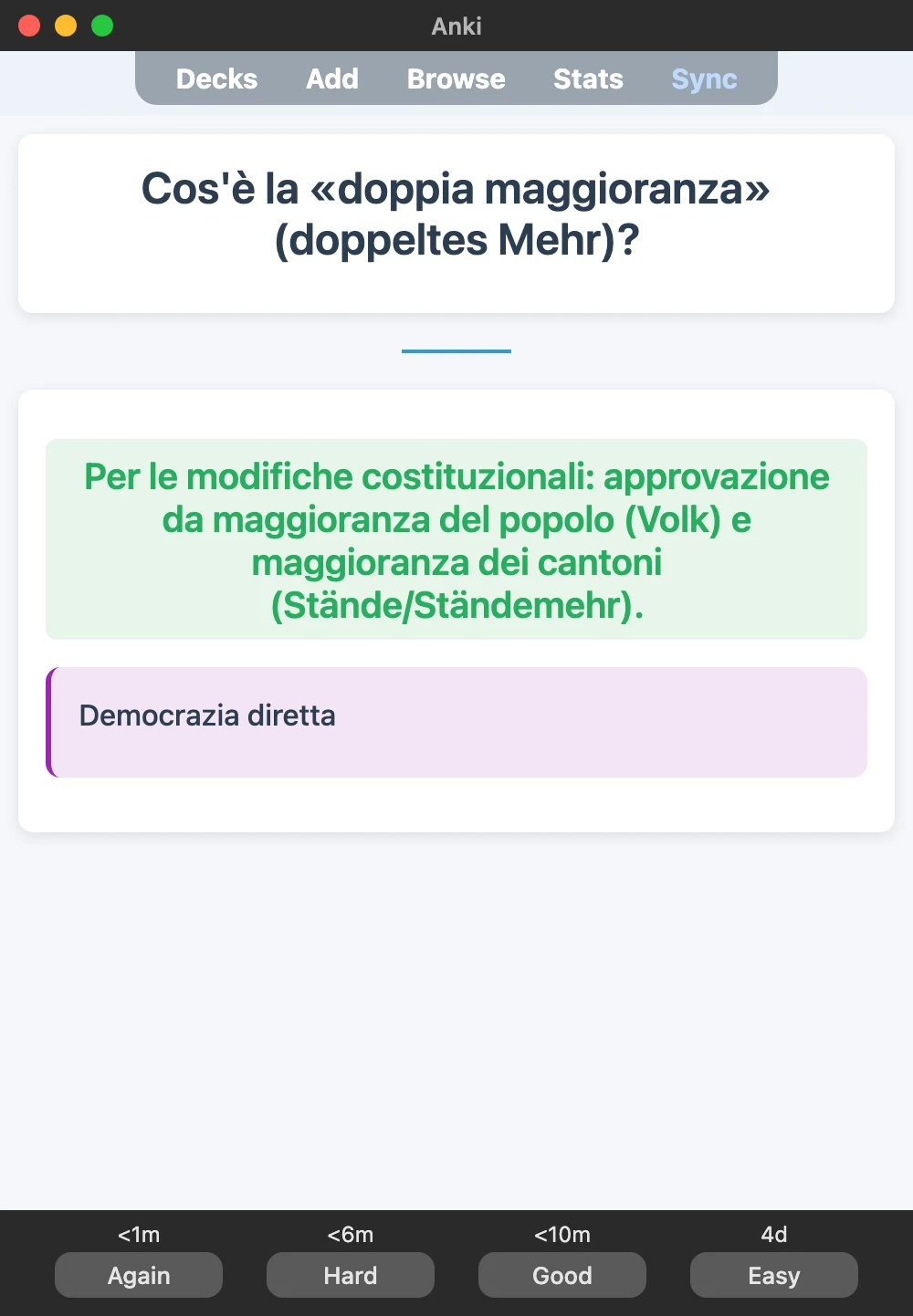Sample Anki card: Cos'è la «doppia maggioranza» (doppeltes Mehr)?