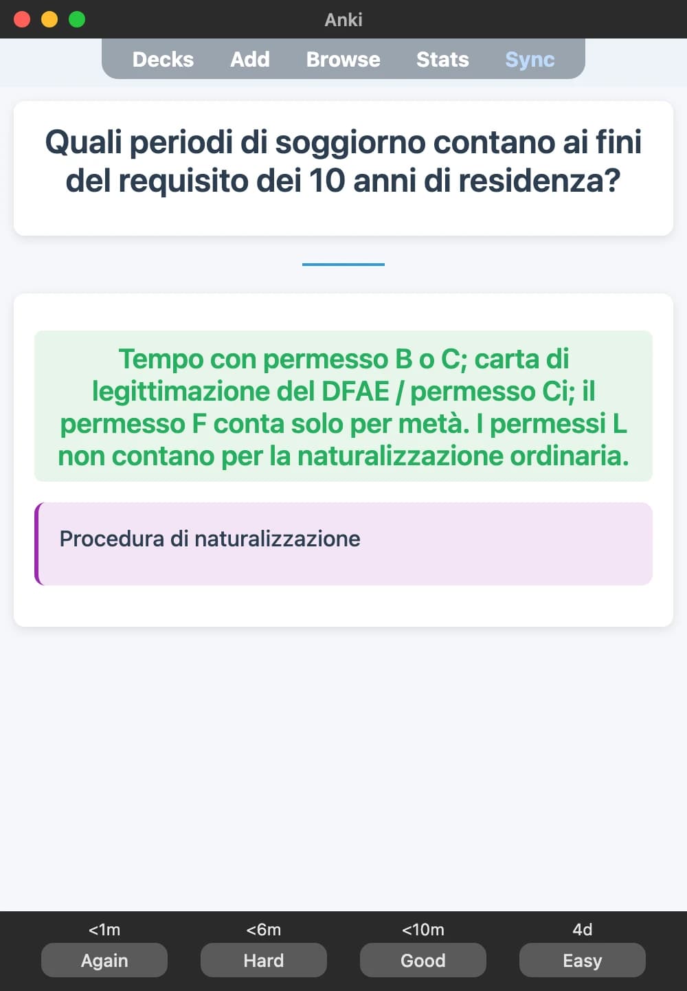 Sample Anki card: Quali periodi di soggiorno contano ai fini del requisito dei 10 anni di residenza?