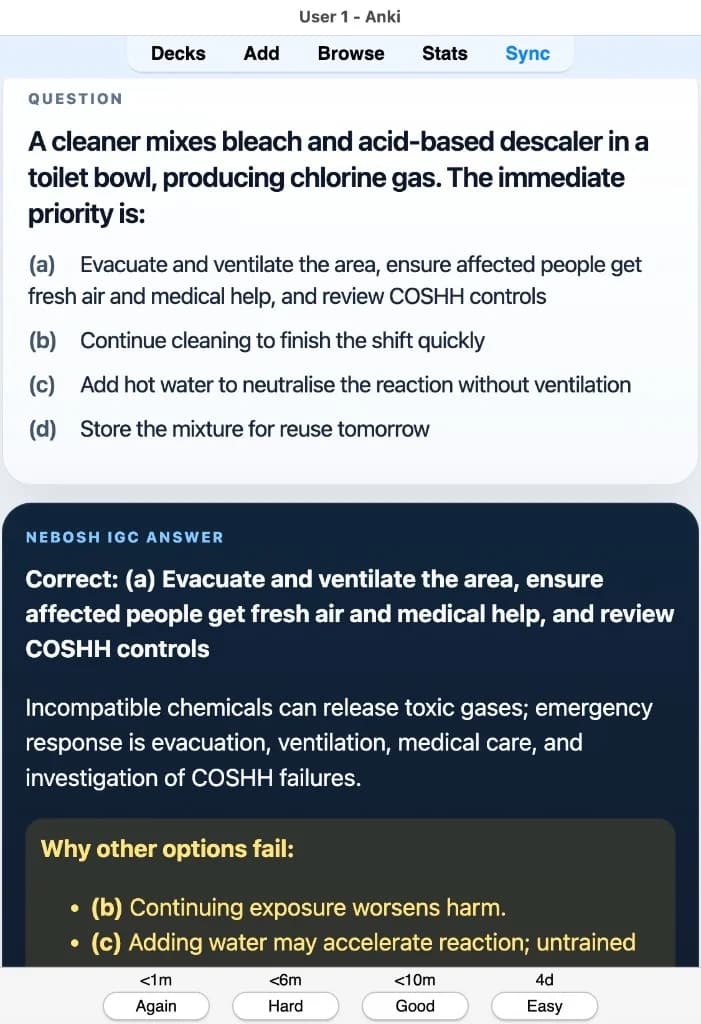 Sample Anki card: A cleaner mixes bleach and acid-based descaler in a toilet bowl, producing chlorine gas. The immediate priority is: