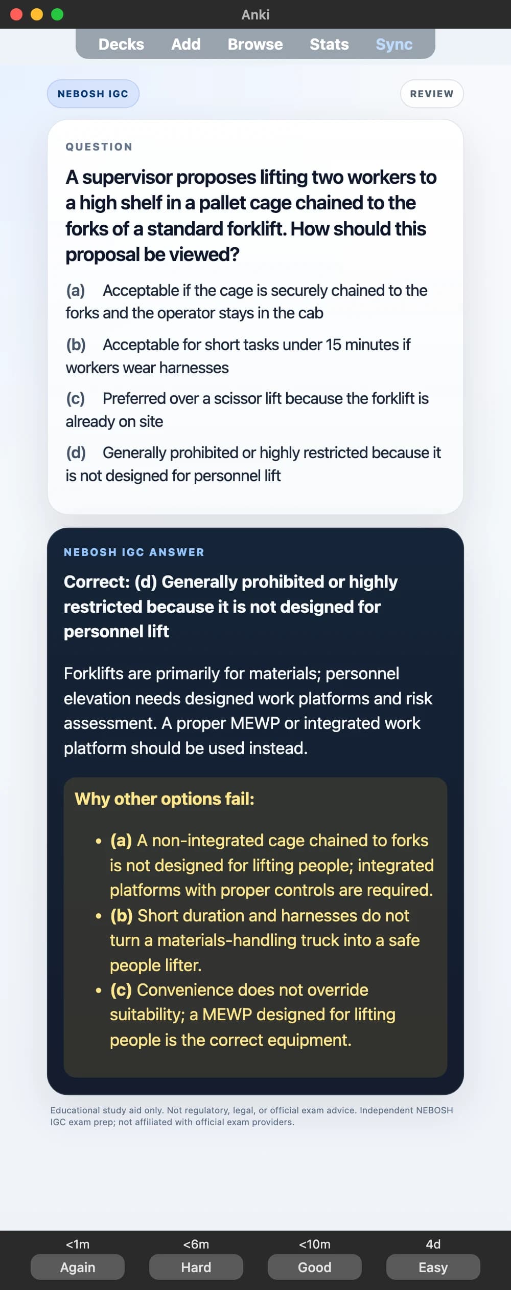 Sample Anki card: A supervisor proposes lifting two workers to a high shelf in a pallet cage chained to the forks of a standard forklift. How should this proposal be viewed?