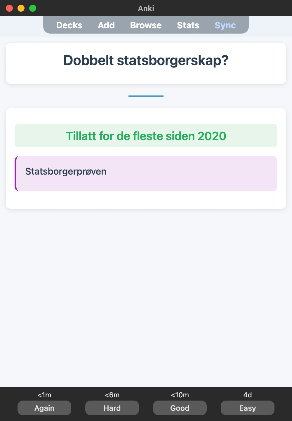 Sample Anki card: Dobbelt statsborgerskap?
