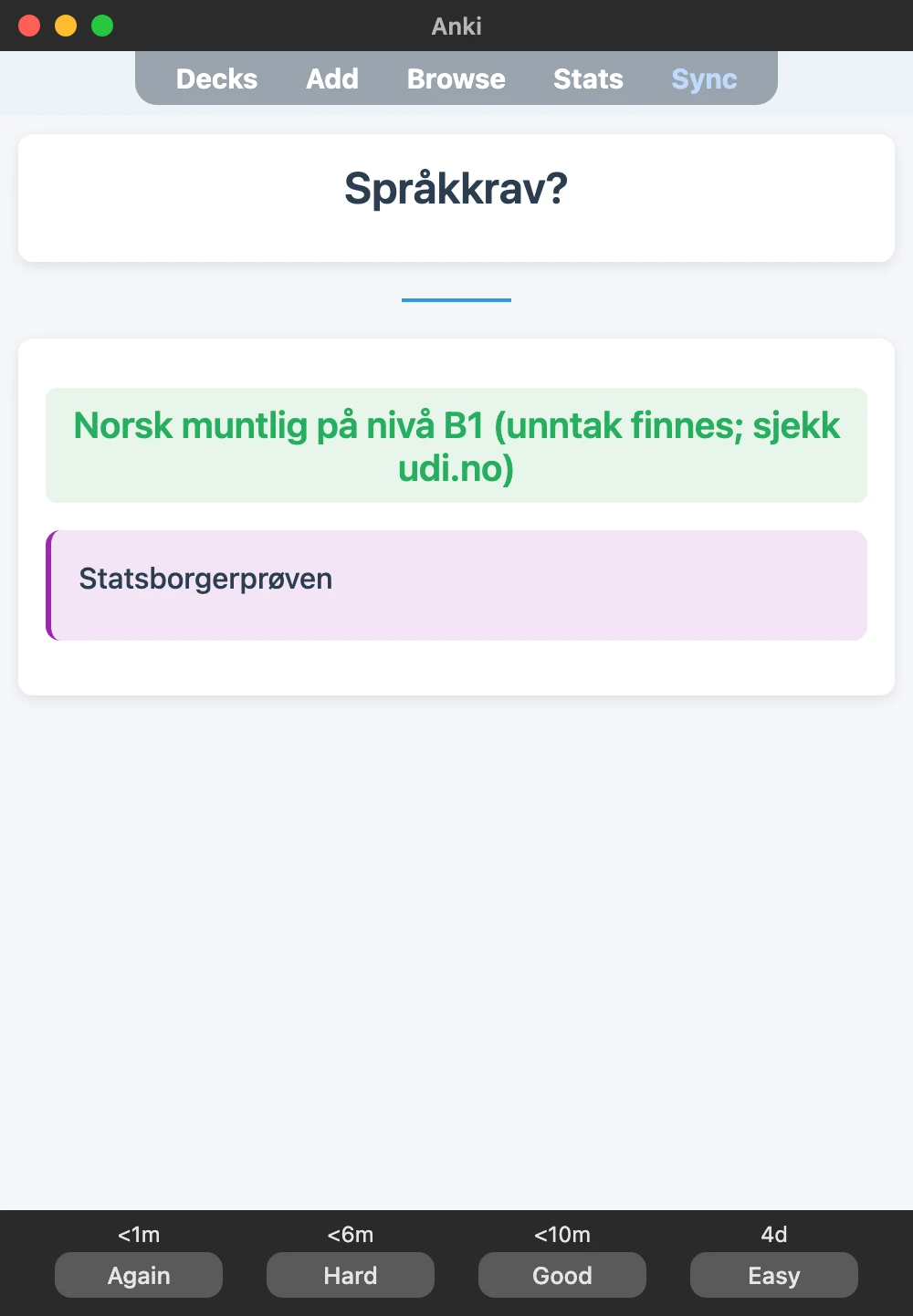 Sample Anki card: Språkkrav?