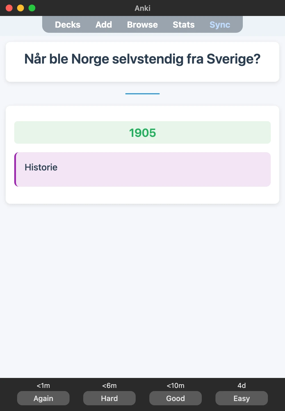 Sample Anki card: Når ble Norge selvstendig fra Sverige?