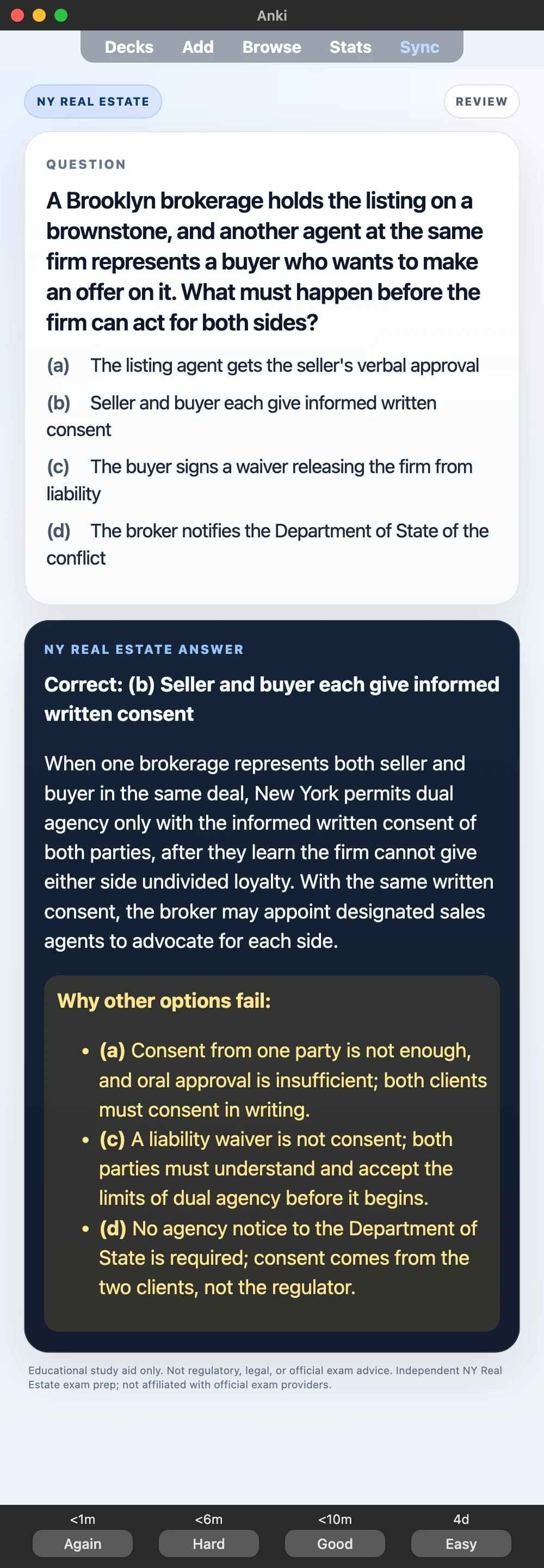 Sample Anki card: A Brooklyn brokerage holds the listing on a brownstone, and another agent at the same firm represents a buyer who wants to make an offer on it. What must happen before the firm can act for both sides?