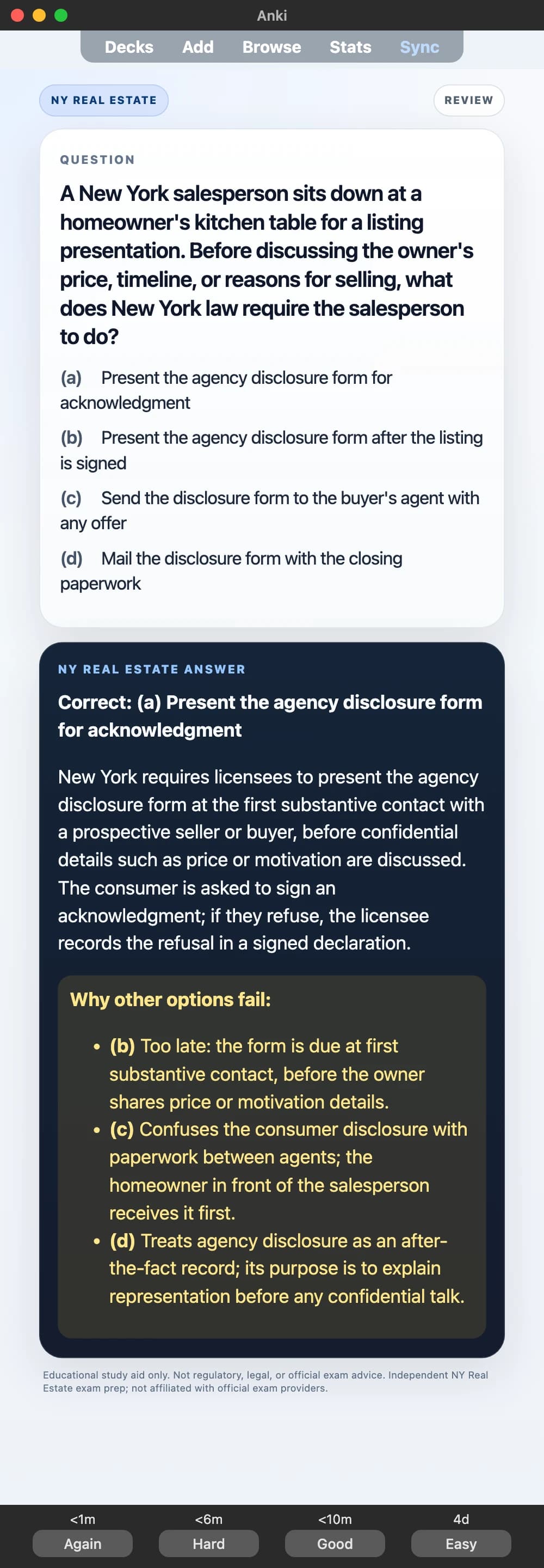 Sample Anki card: A New York salesperson sits down at a homeowner's kitchen table for a listing presentation. Before discussing the owner's price, timeline, or reasons for selling, what does New York law require the salesperson to do?