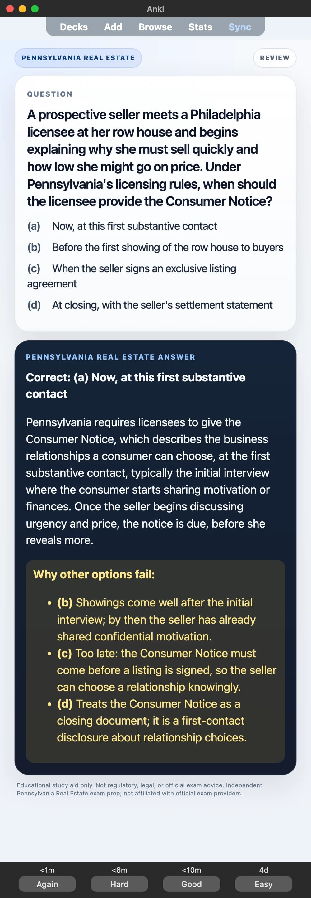 Sample Anki card: A prospective seller meets a Philadelphia licensee at her row house and begins explaining why she must sell quickly and how low she might go on price. Under Pennsylvania's licensing rules, when should the licensee provide the Consumer Notice?