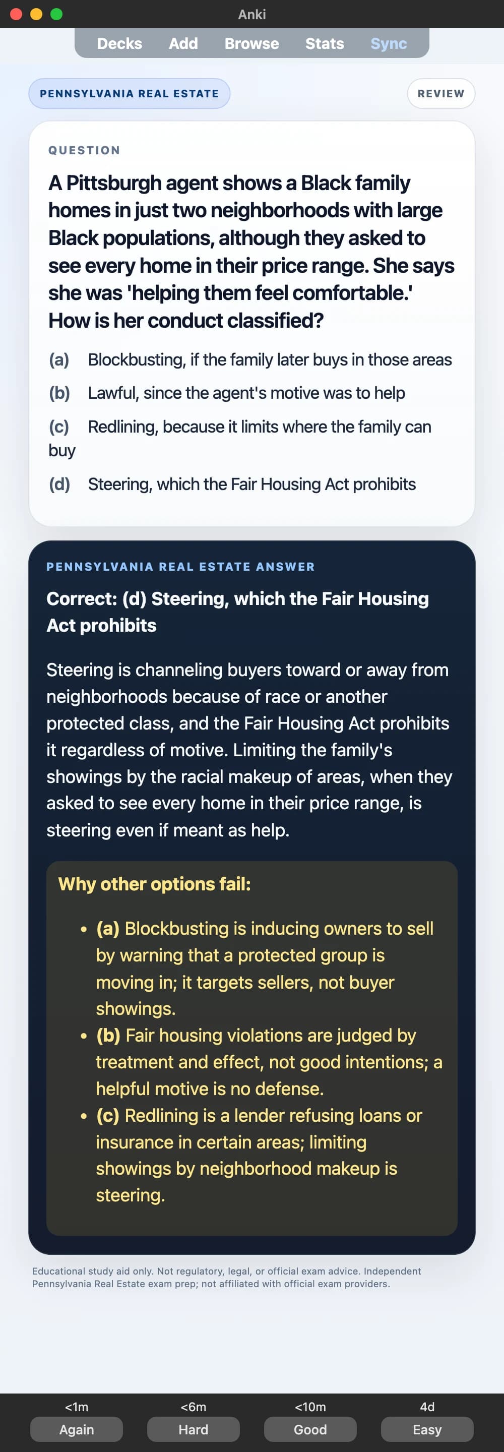 Sample Anki card: A Pittsburgh agent shows a Black family homes in just two neighborhoods with large Black populations, although they asked to see every home in their price range. She says she was 'helping them feel comfortable.' How is her conduct classified?