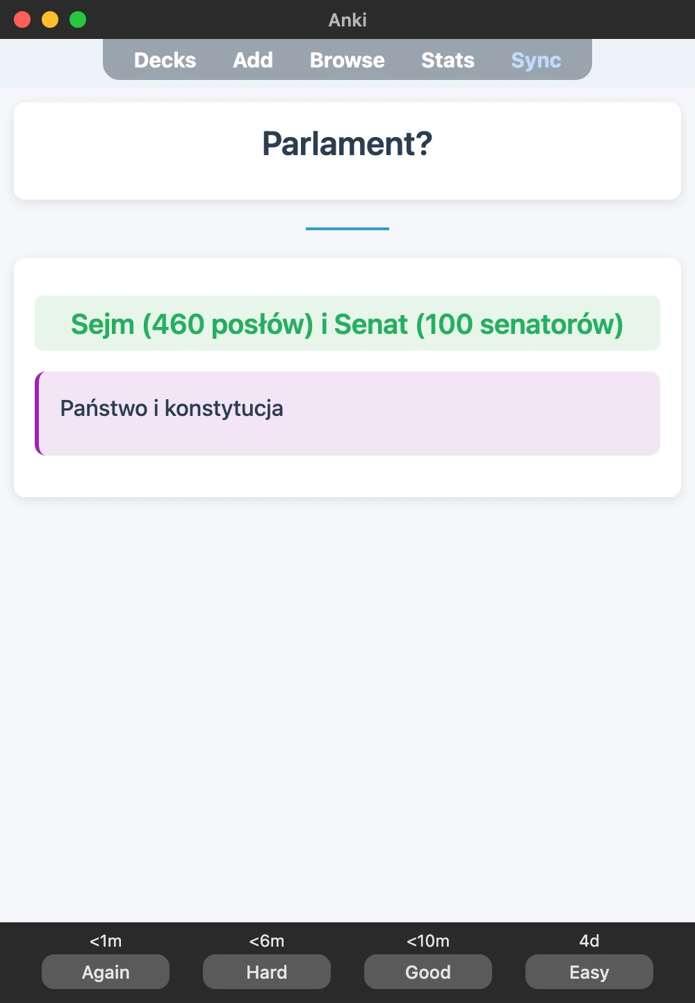 Sample Anki card: Parlament?
