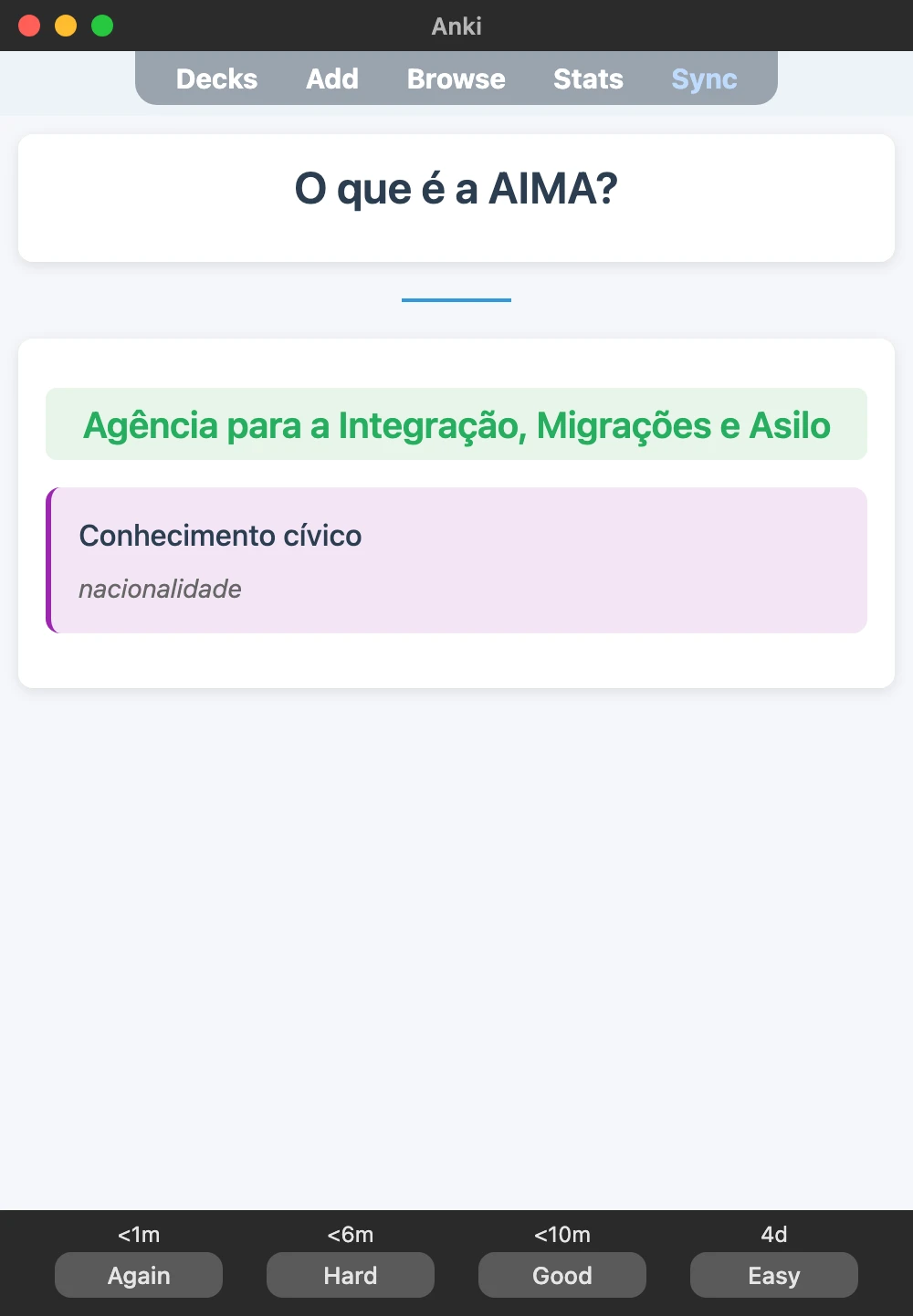 Sample Anki card: O que é a AIMA?