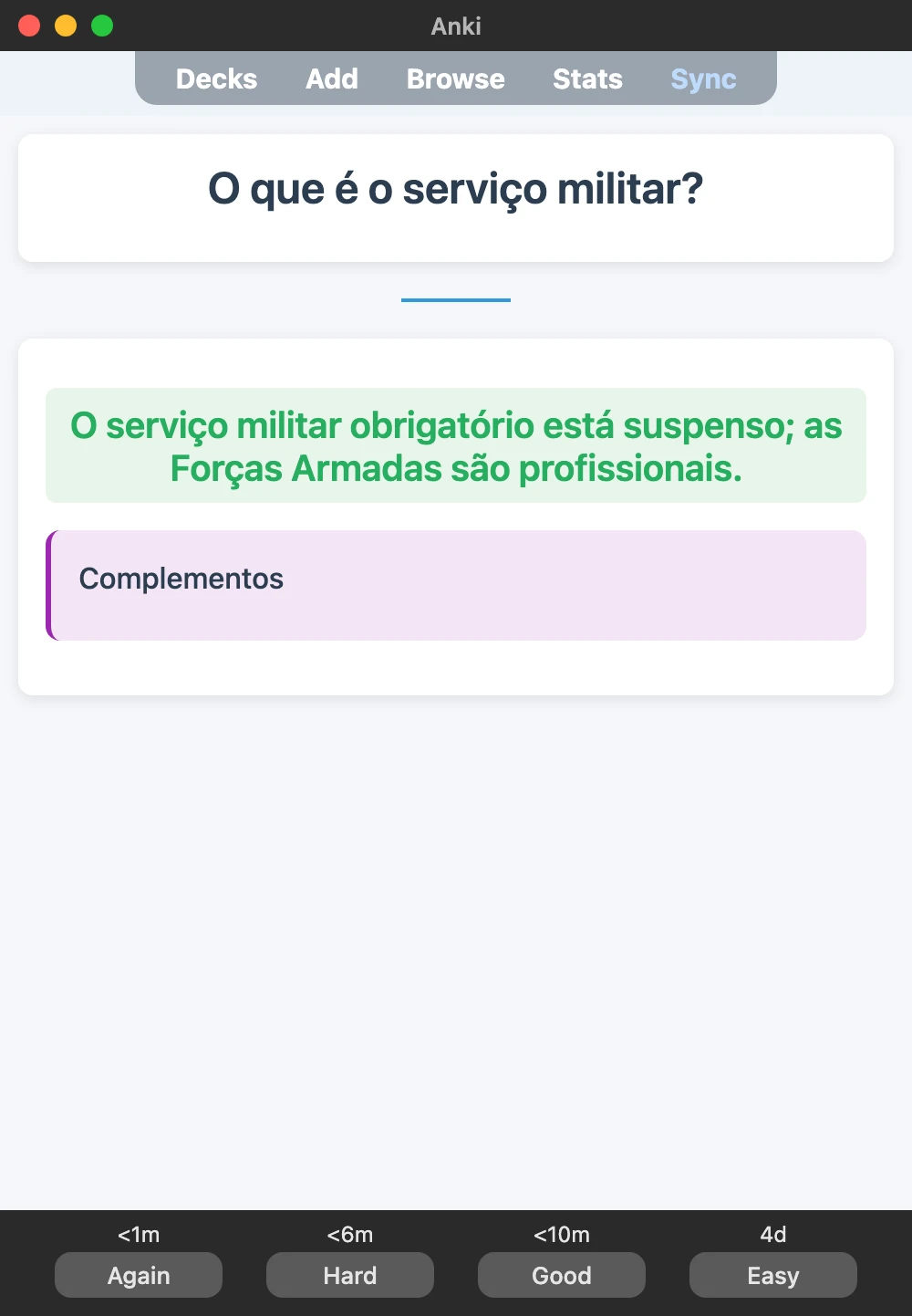 Sample Anki card: O que é o serviço militar?