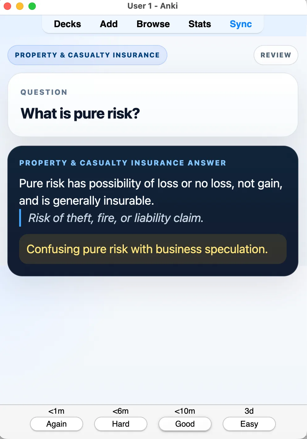 Sample Anki card: What is pure risk?