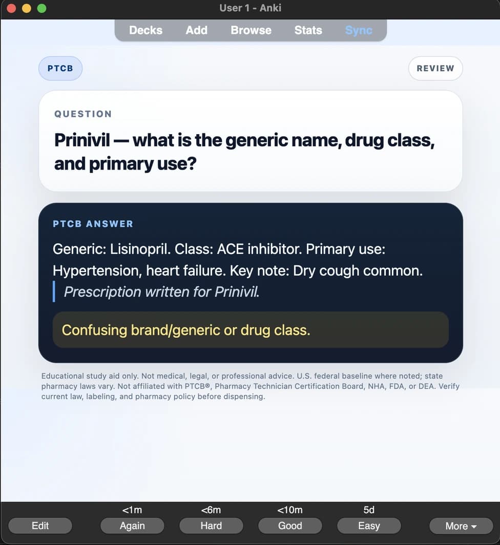 Sample Anki card: Prinivil — generic name, class, and primary use