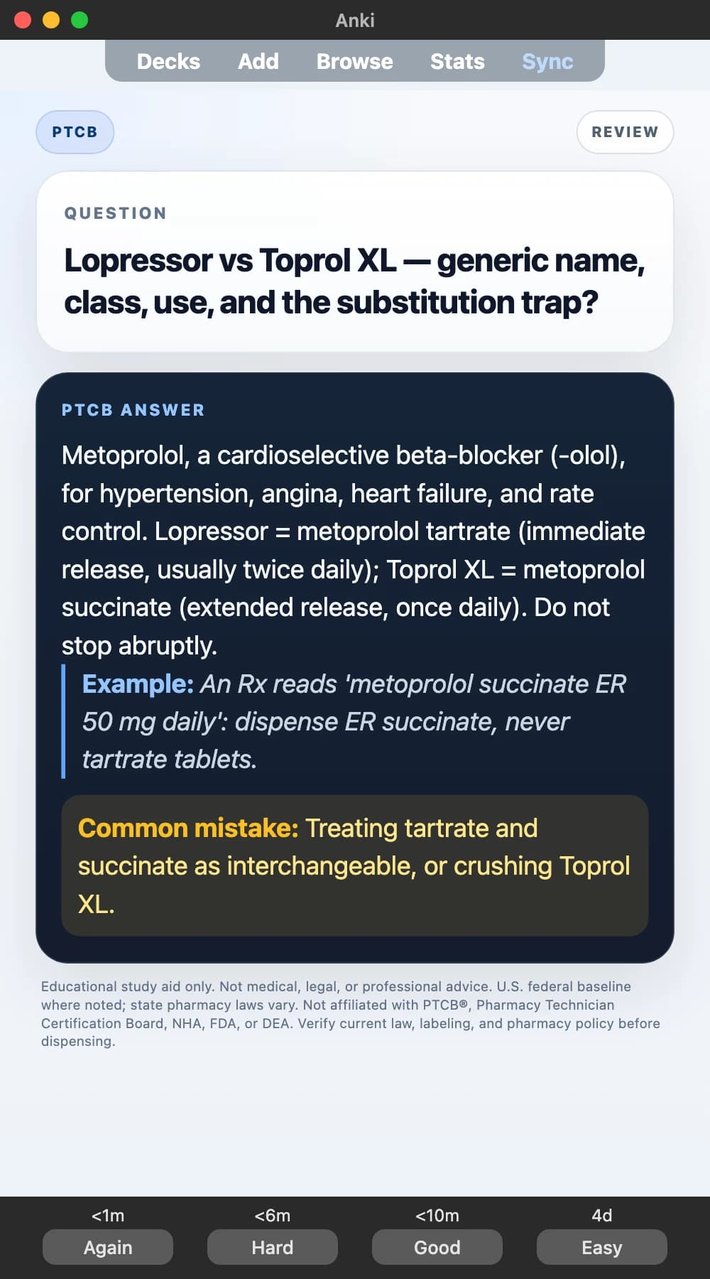 Sample Anki card: Lopressor vs Toprol XL — generic name, class, use, and the substitution trap?