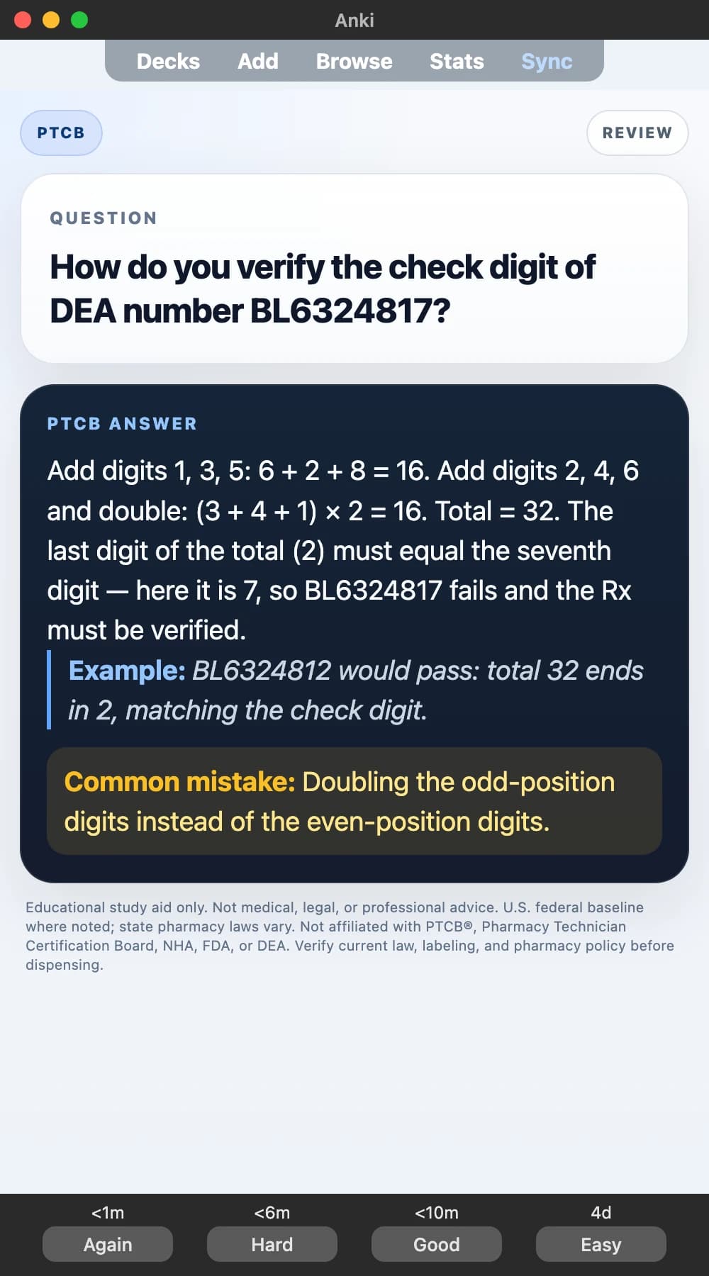 Sample Anki card: How do you verify the check digit of DEA number BL6324817?