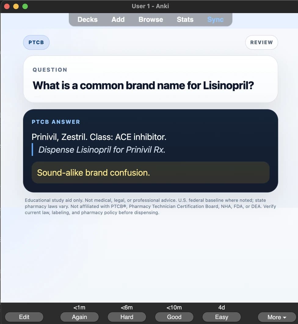 Sample Anki card: Common brand names for Lisinopril