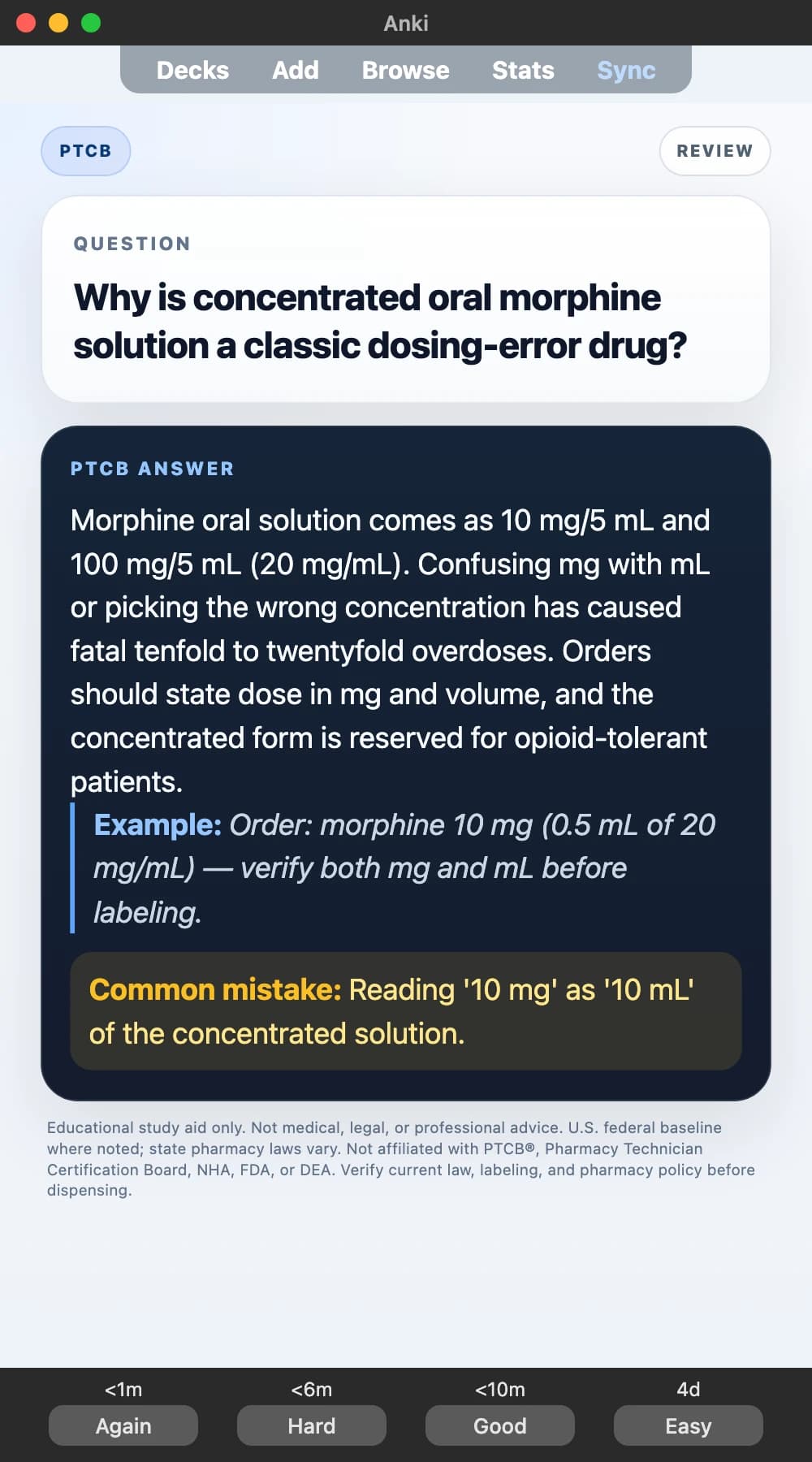 Sample Anki card: Why is concentrated oral morphine solution a classic dosing-error drug?