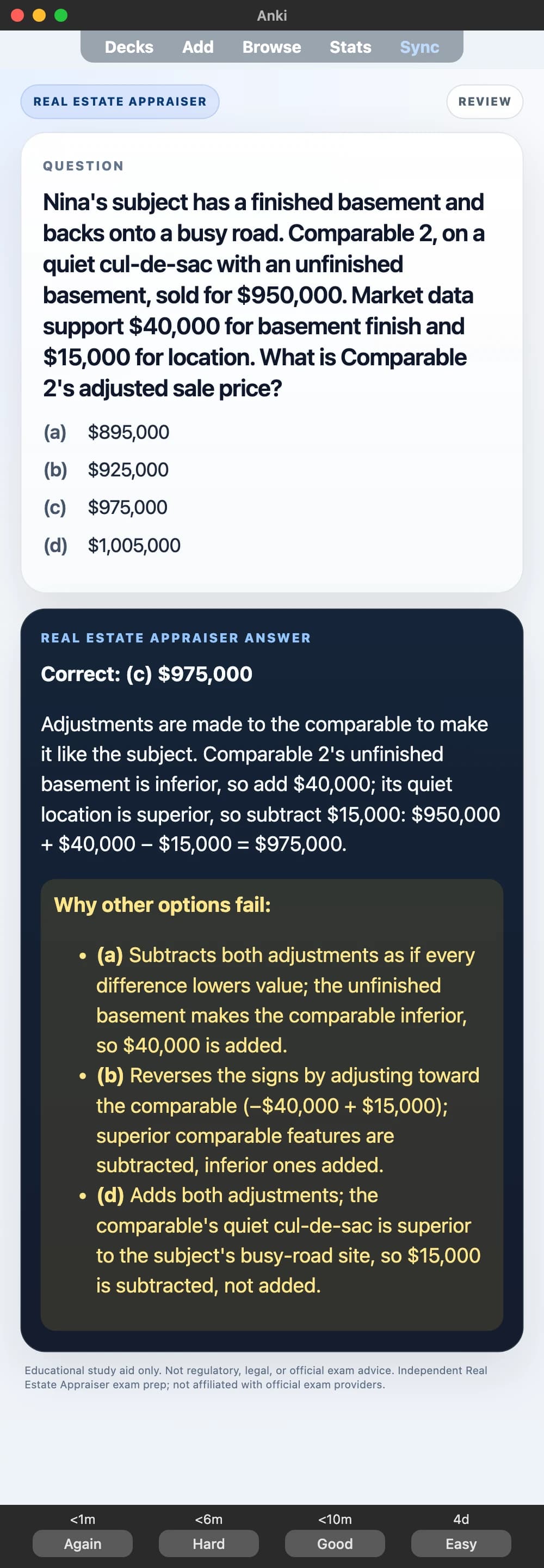 Sample Anki card: Nina's subject has a finished basement and backs onto a busy road. Comparable 2, on a quiet cul-de-sac with an unfinished basement, sold for $950,000. Market data support $40,000 for basement finish and $15,000 for location. What is Comparable 2's adjusted sale price?