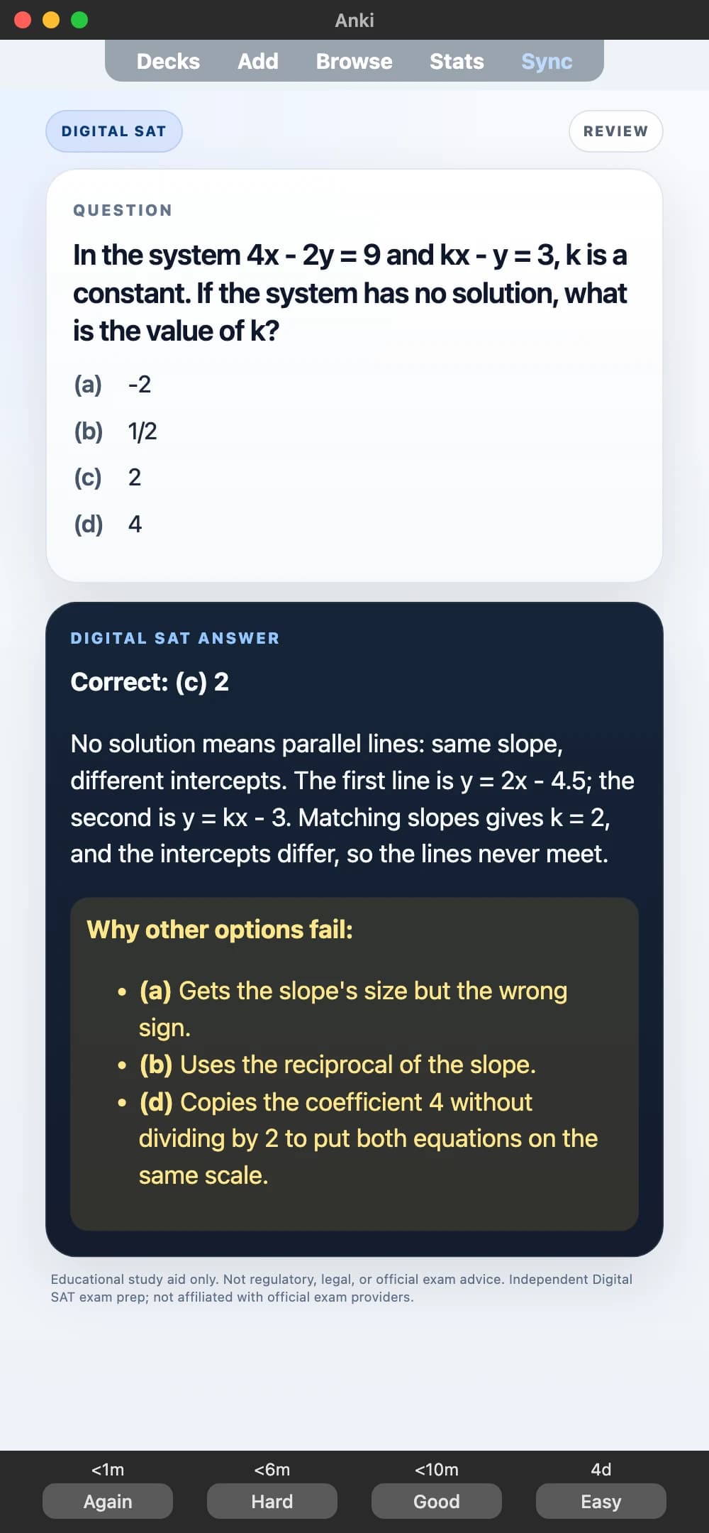 Sample Anki card: In the system 4x - 2y = 9 and kx - y = 3, k is a constant. If the system has no solution, what is the value of k?