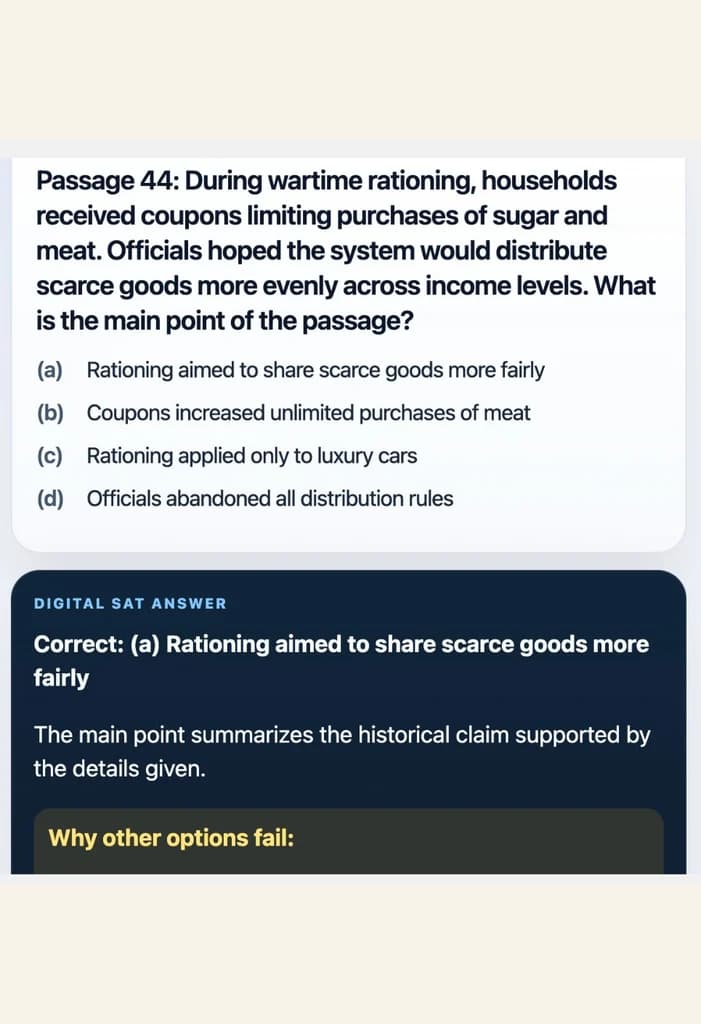 Sample Anki card: Passage: During wartime rationing, households received coupons limiting purchases of sugar and meat. Officials hoped the system would distribute scarce goods more evenly across income levels. What is the main point of the passage?