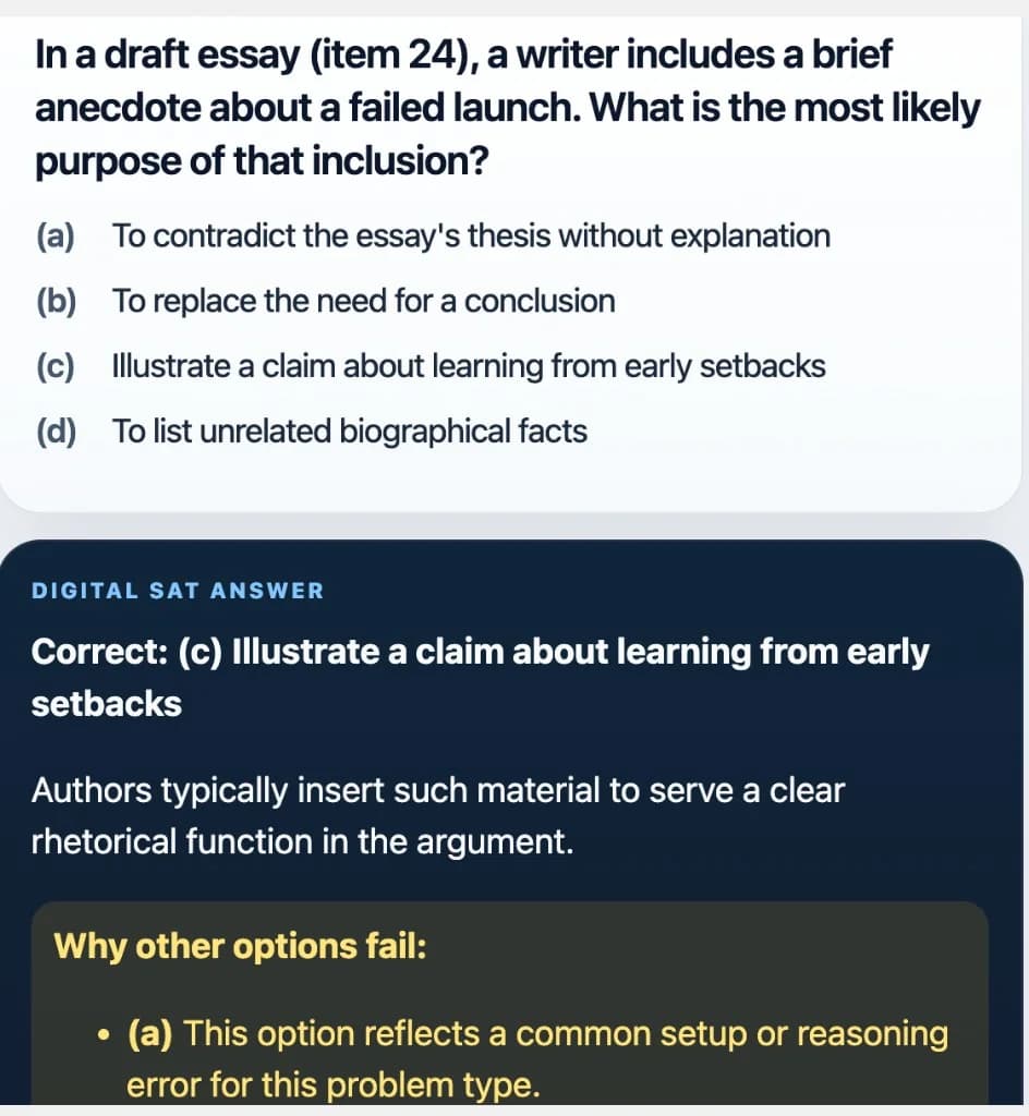 Sample Anki card: In a draft essay (item 24), a writer includes a brief anecdote about a failed launch. What is the most likely purpose of that inclusion?