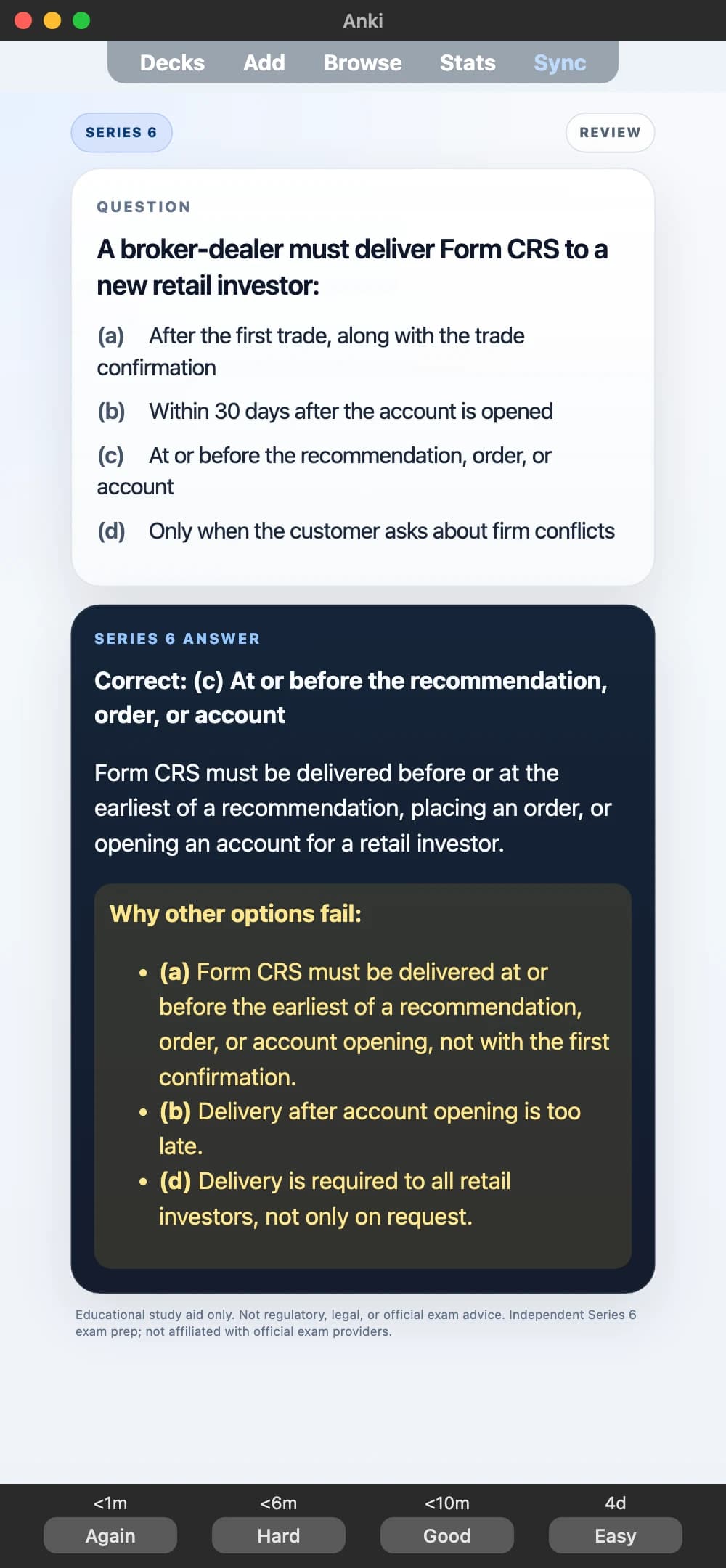 Sample Anki card: A broker-dealer must deliver Form CRS to a new retail investor: