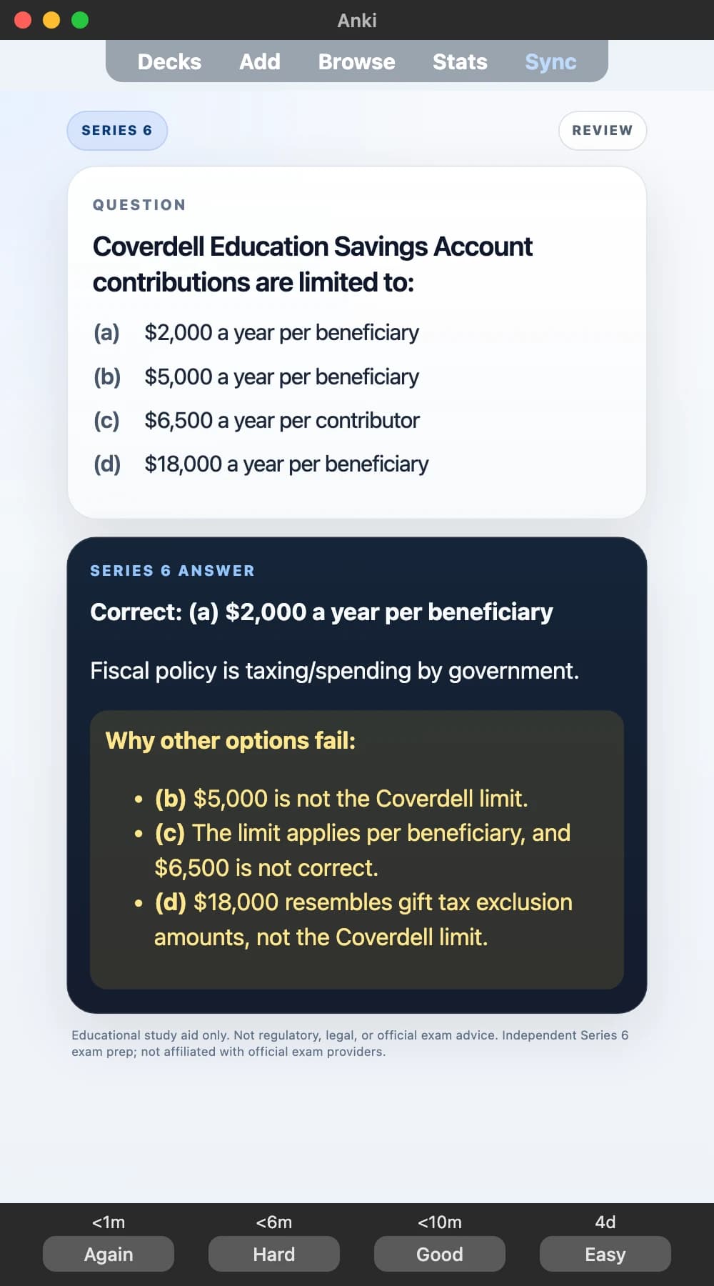 Sample Anki card: Coverdell Education Savings Account contributions are limited to: