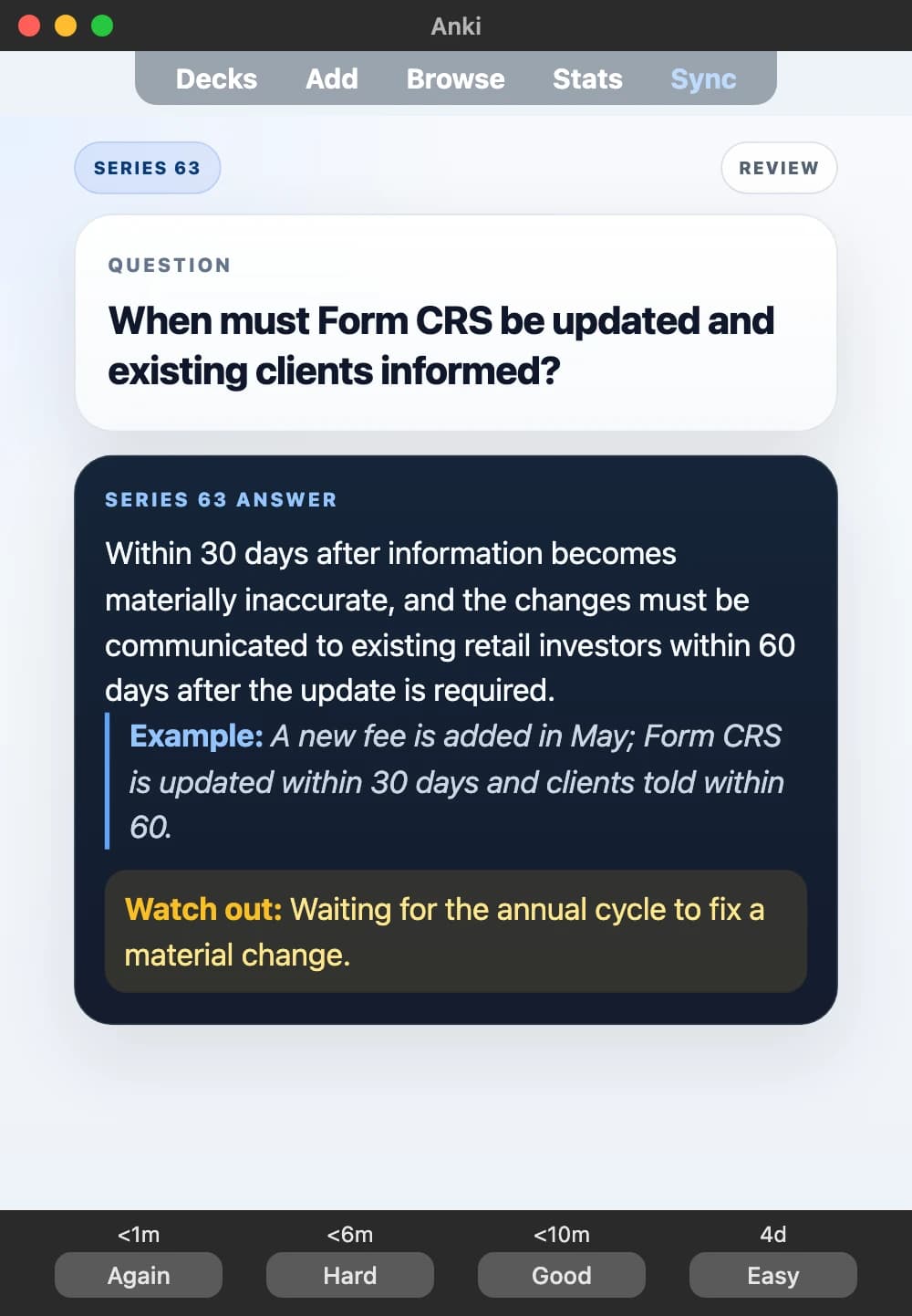 Sample Anki card: When must Form CRS be updated and existing clients informed?