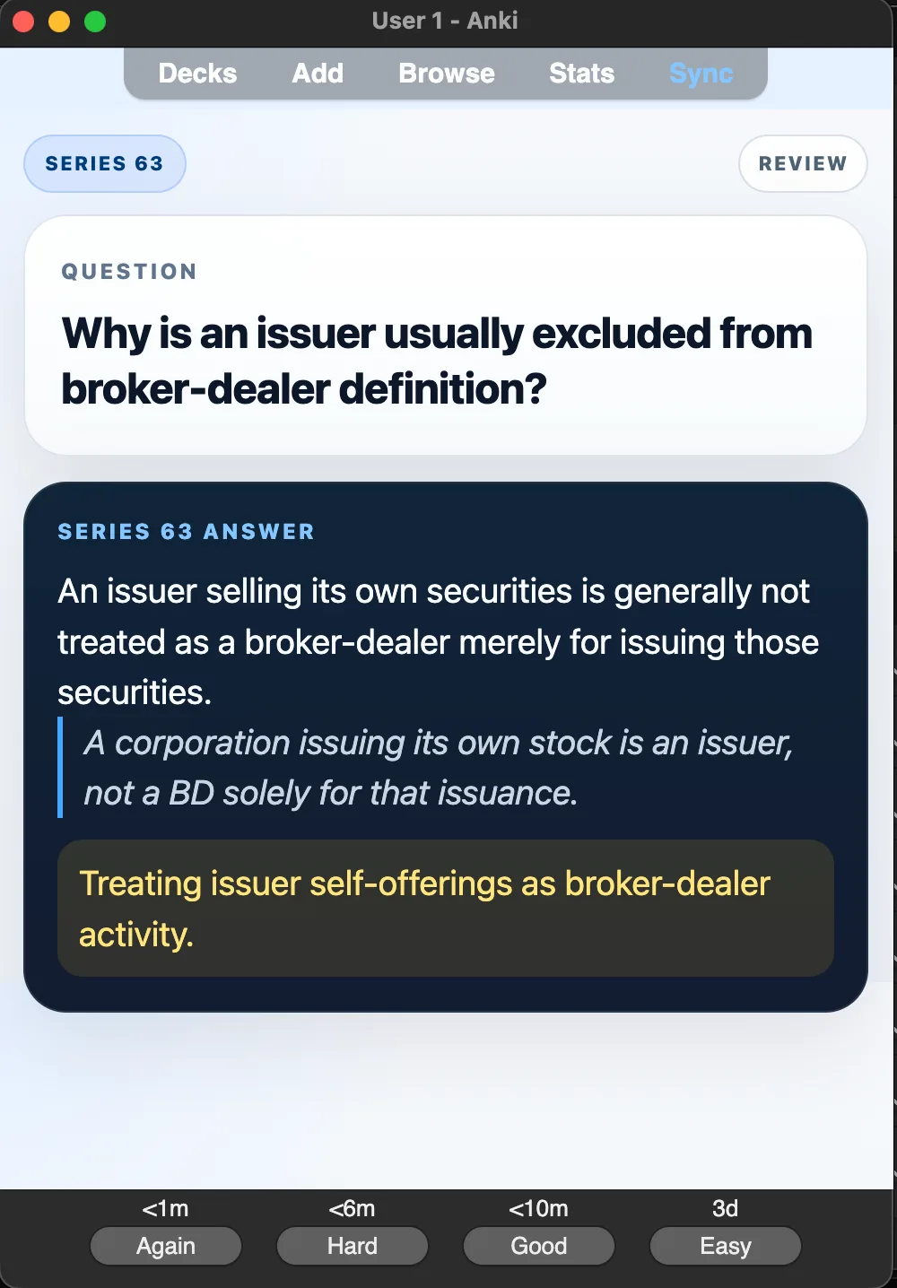 Sample Anki card: Why is an issuer usually excluded from broker-dealer definition?